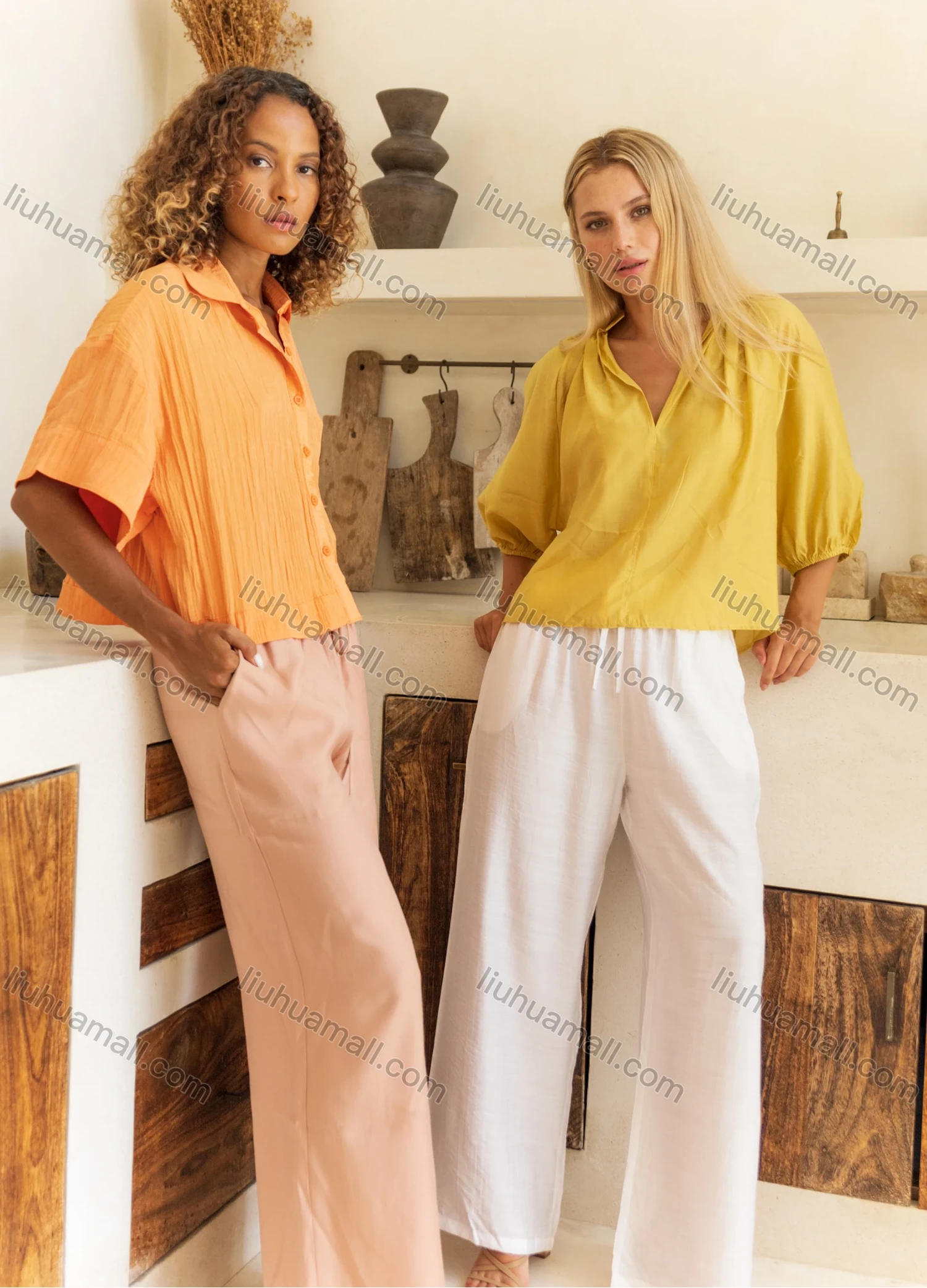 Wholesale Women's Summer Casual Plain Button Down Half Sleeve Woven Shirt M-116# - Liuhuamall