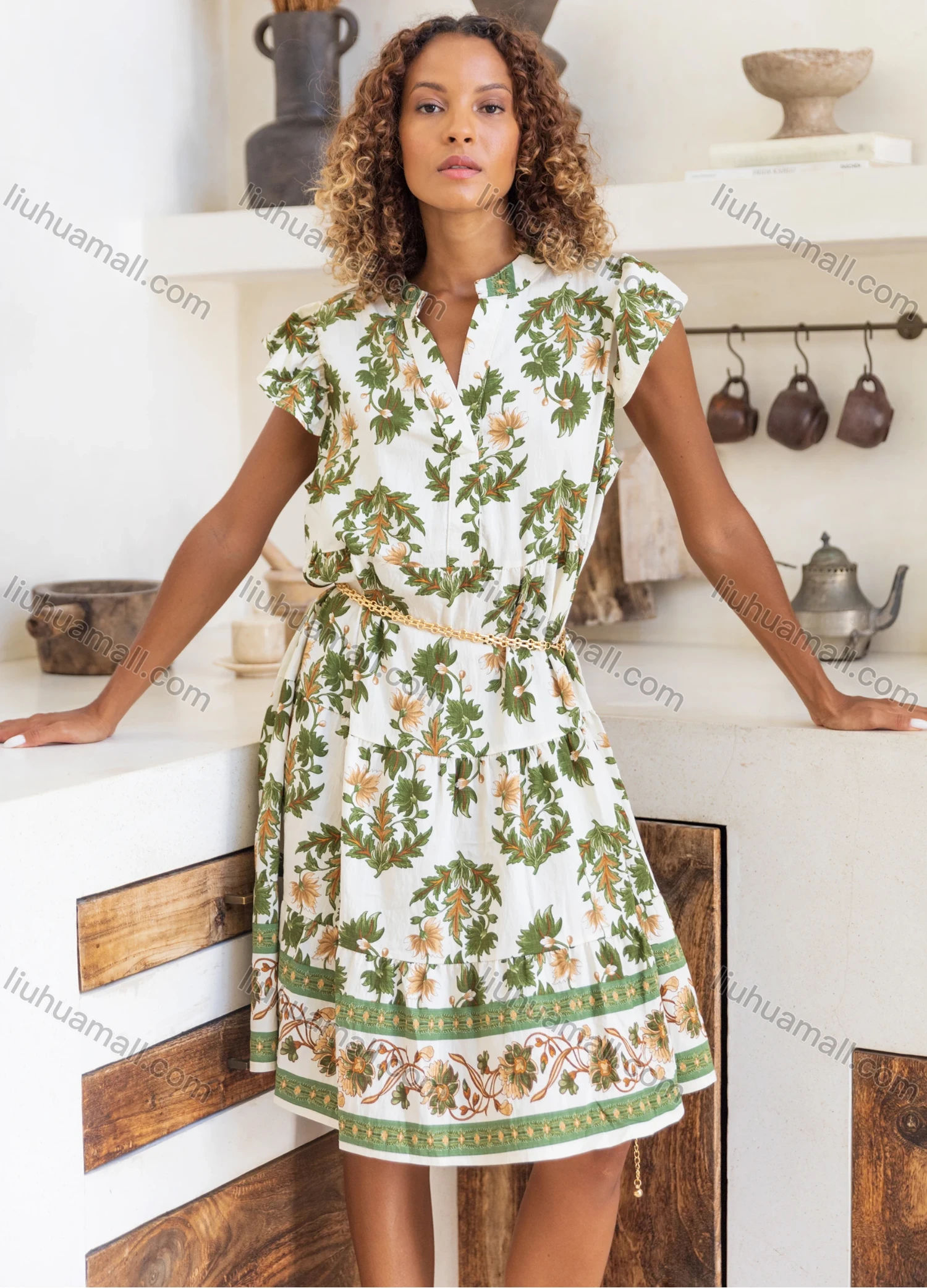 Wholesale Women's Casual Plants Notched Neck Knee Length Woven Ruffle Trim Tank Dress JSN156# - Liuhuamall