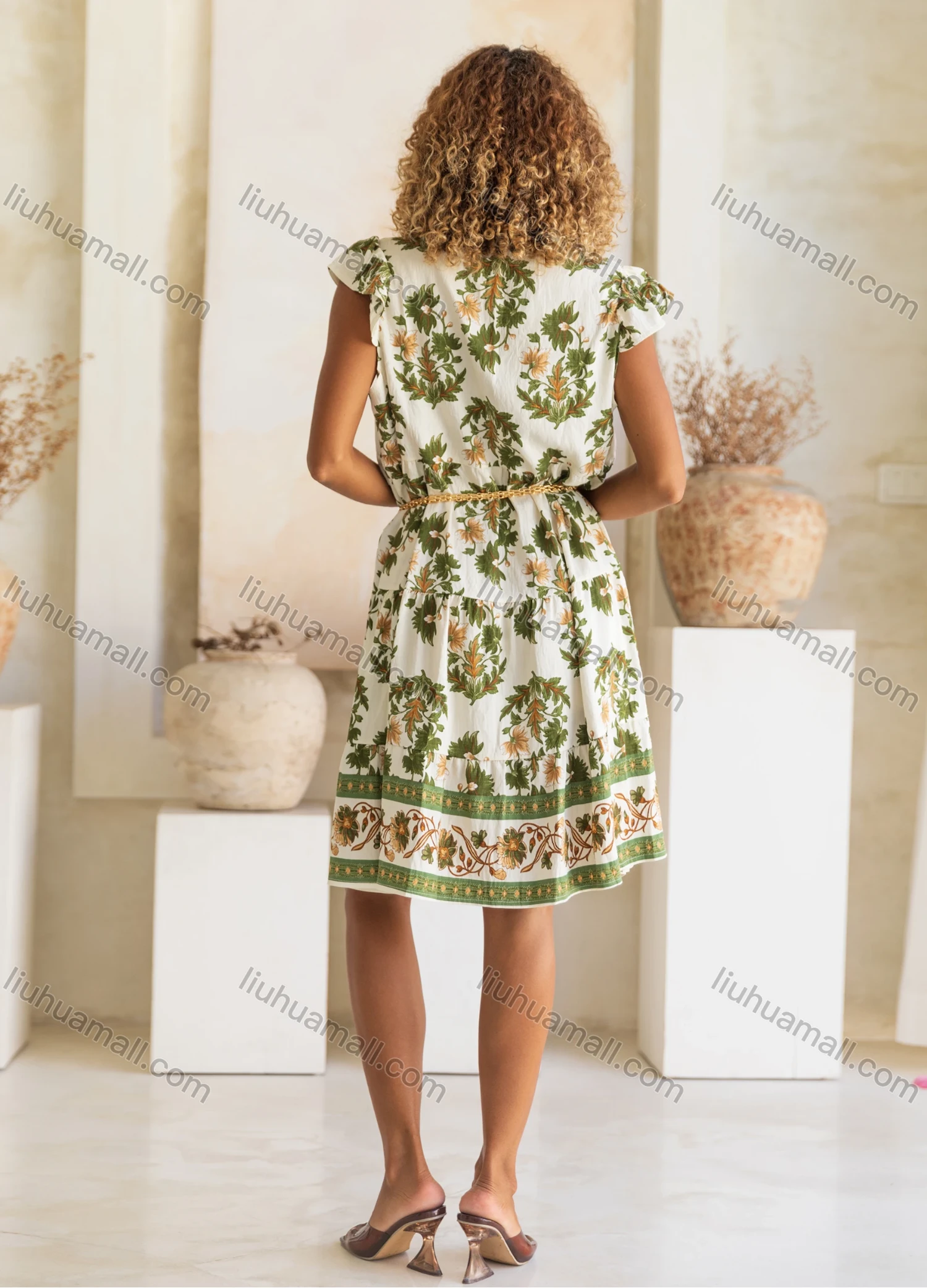 Wholesale Women's Casual Plants Notched Neck Knee Length Woven Ruffle Trim Tank Dress JSN156# - Liuhuamall