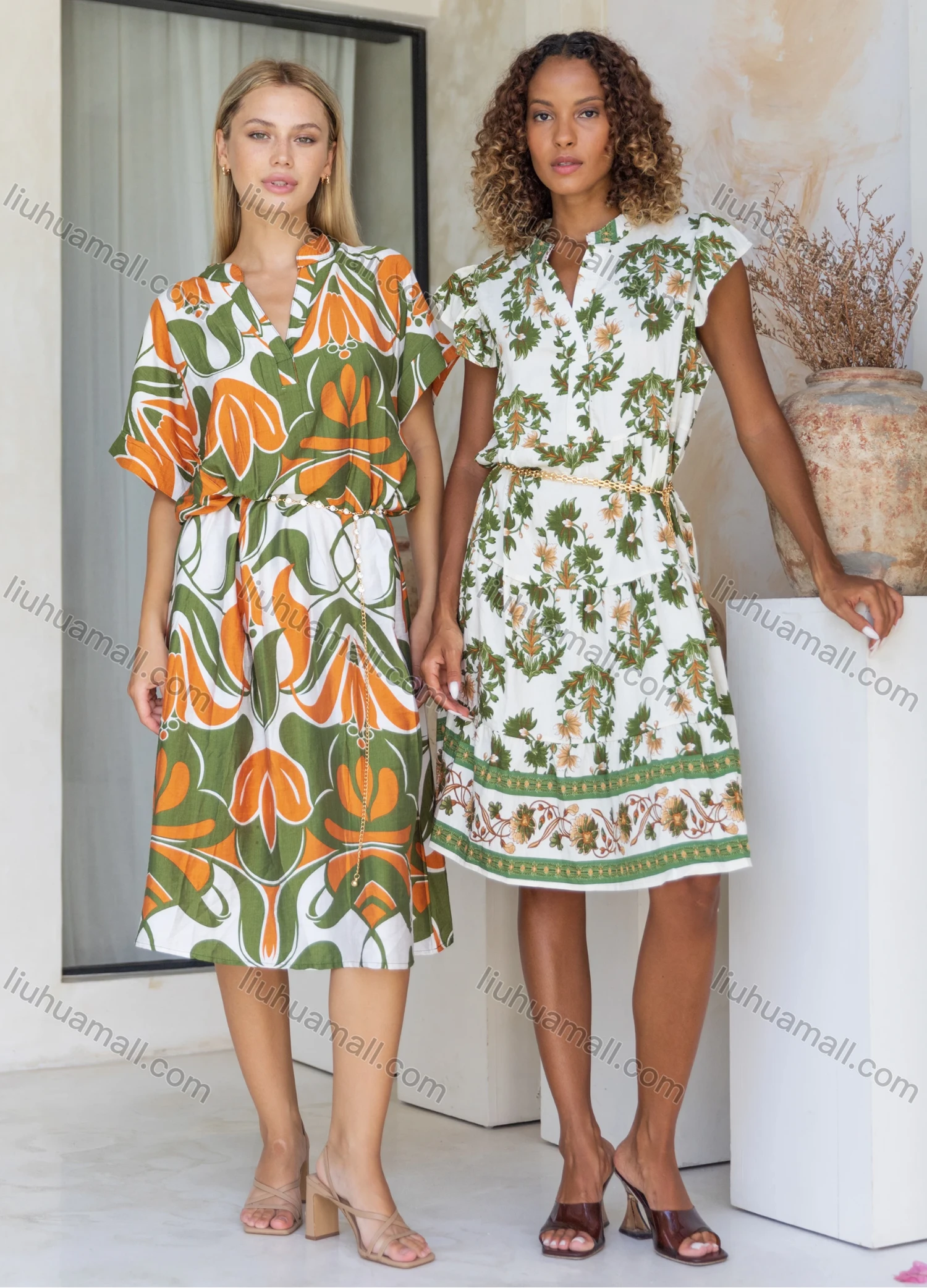Wholesale Women's Casual Plants Notched Neck Knee Length Woven Ruffle Trim Tank Dress JSN156# - Liuhuamall