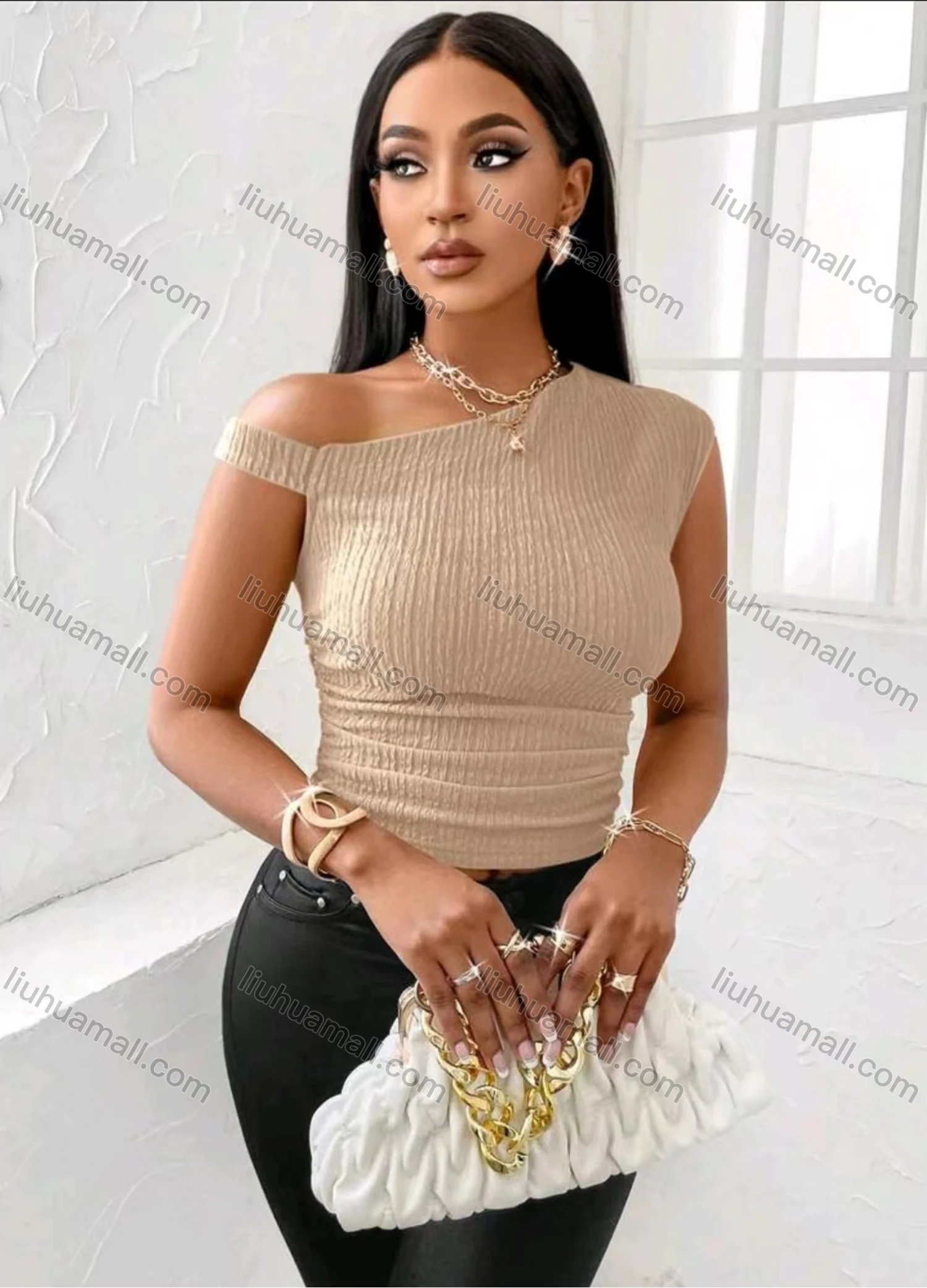 Wholesale Women's Chic Off Shoulder Ribbed Top 4001# - Liuhuamall