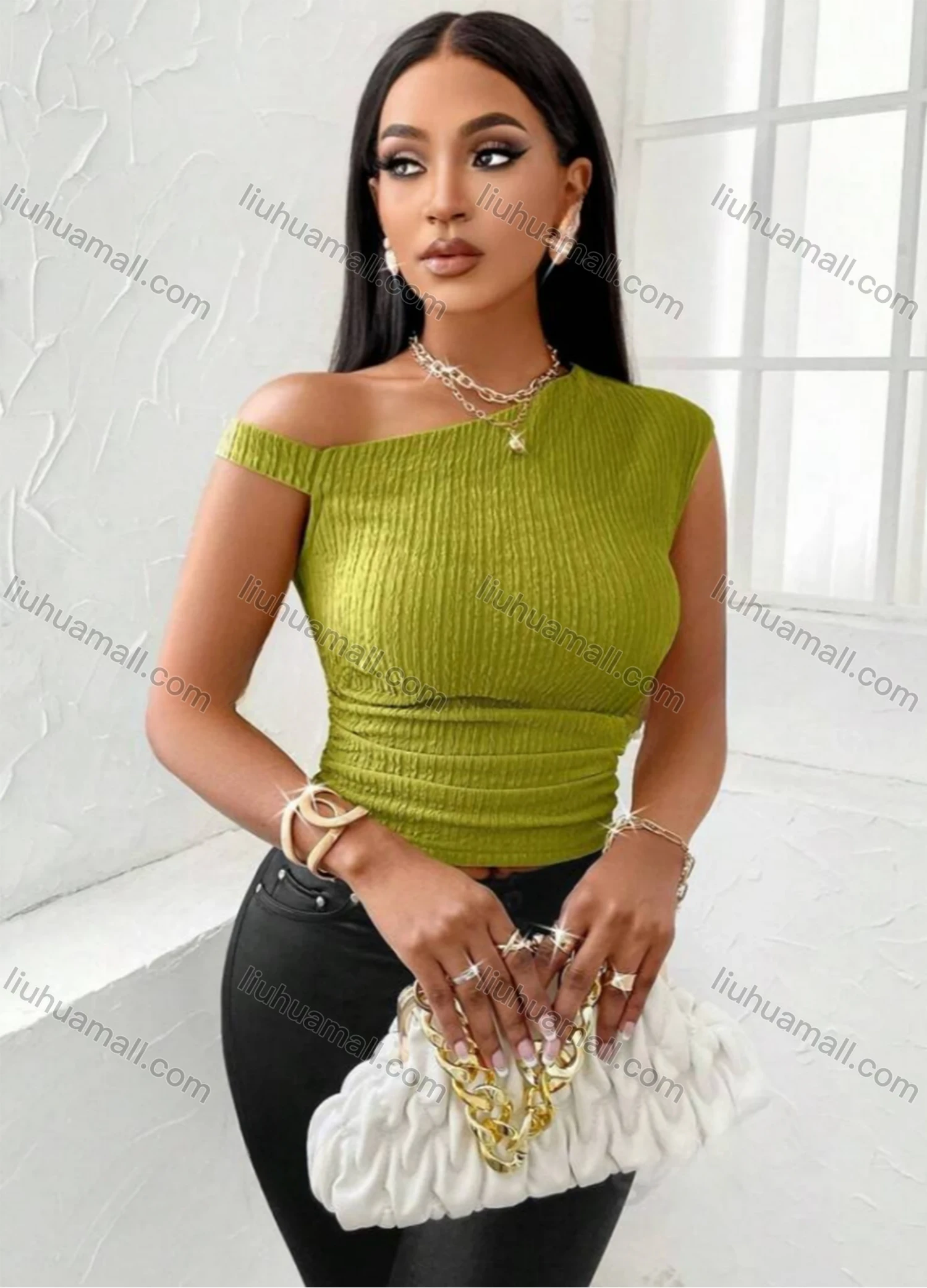 Wholesale Women's Chic Off Shoulder Ribbed Top 4001# - Liuhuamall