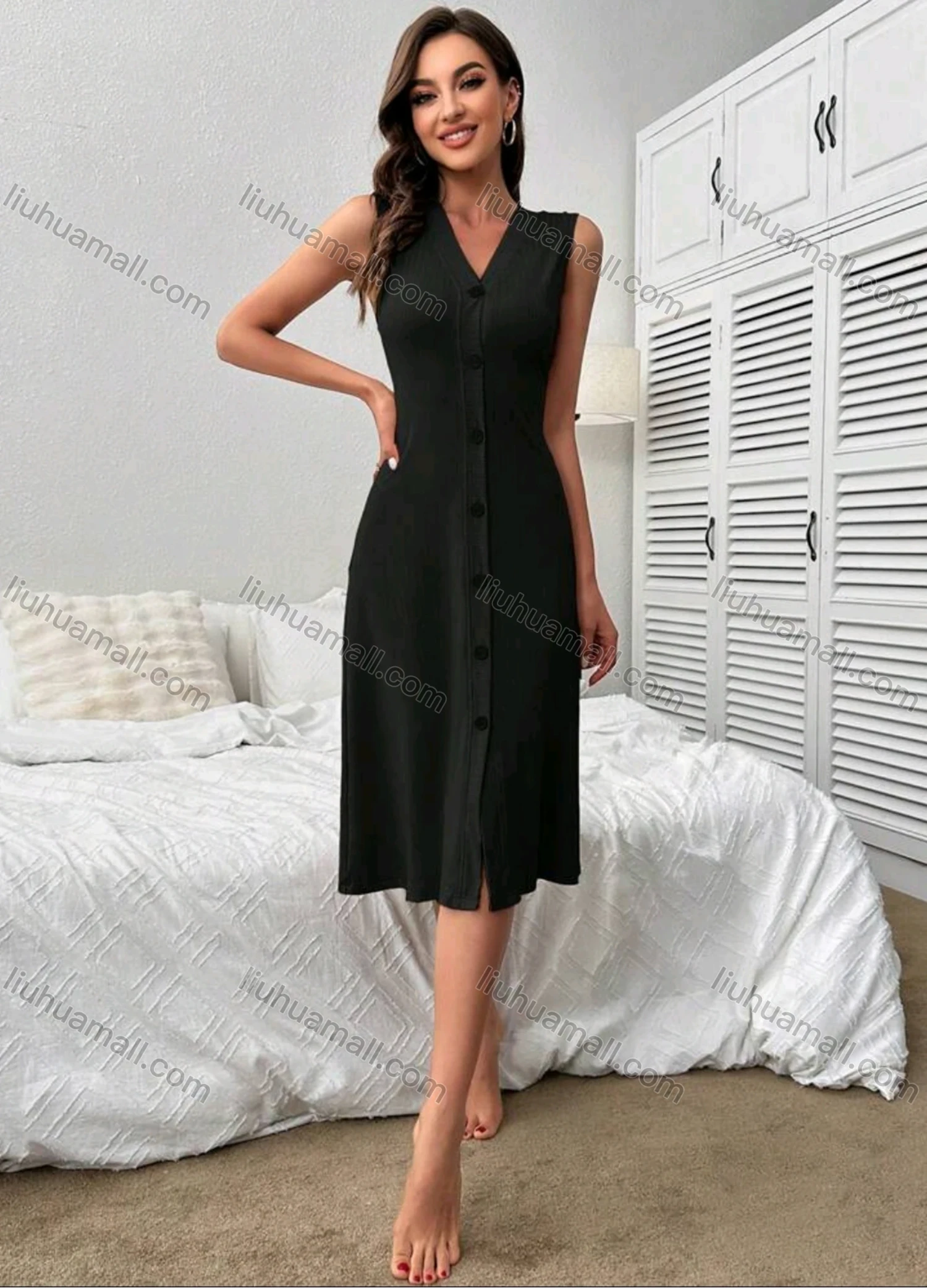 Wholesale Women's Button Up Ribbed Midi Dress With Side Slit Elegant Casual Chic 5006# - Liuhuamall