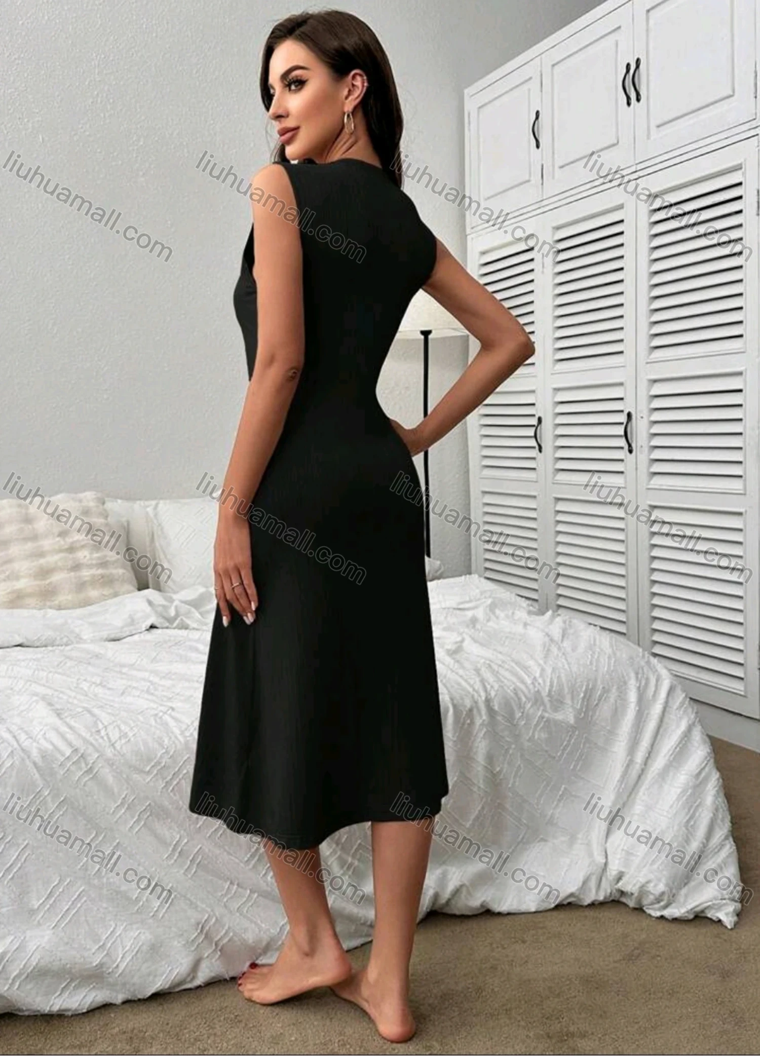 Wholesale Women's Button Up Ribbed Midi Dress With Side Slit Elegant Casual Chic 5006# - Liuhuamall