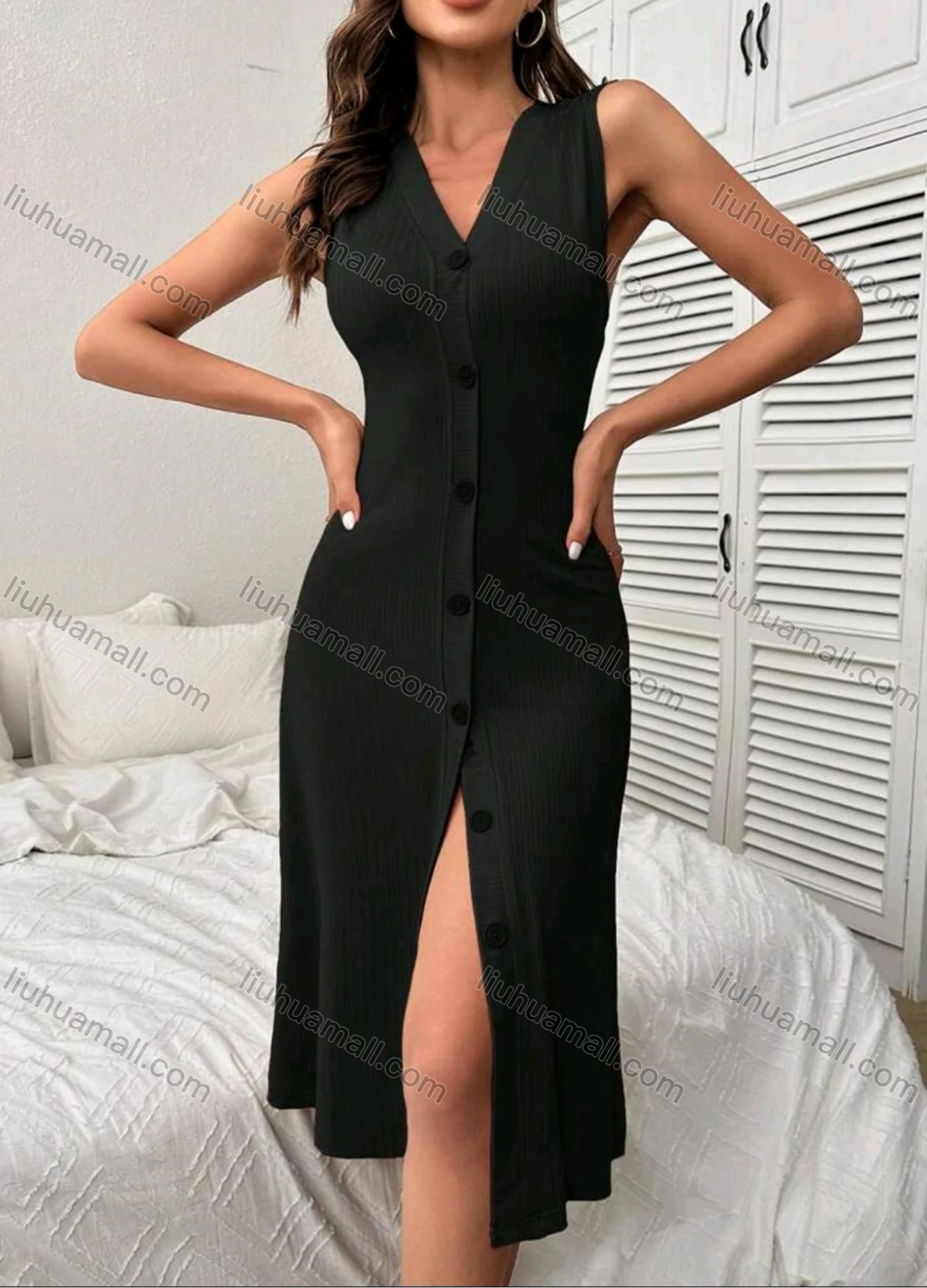 Wholesale Women's Button Up Ribbed Midi Dress With Side Slit Elegant Casual Chic 5006# - Liuhuamall