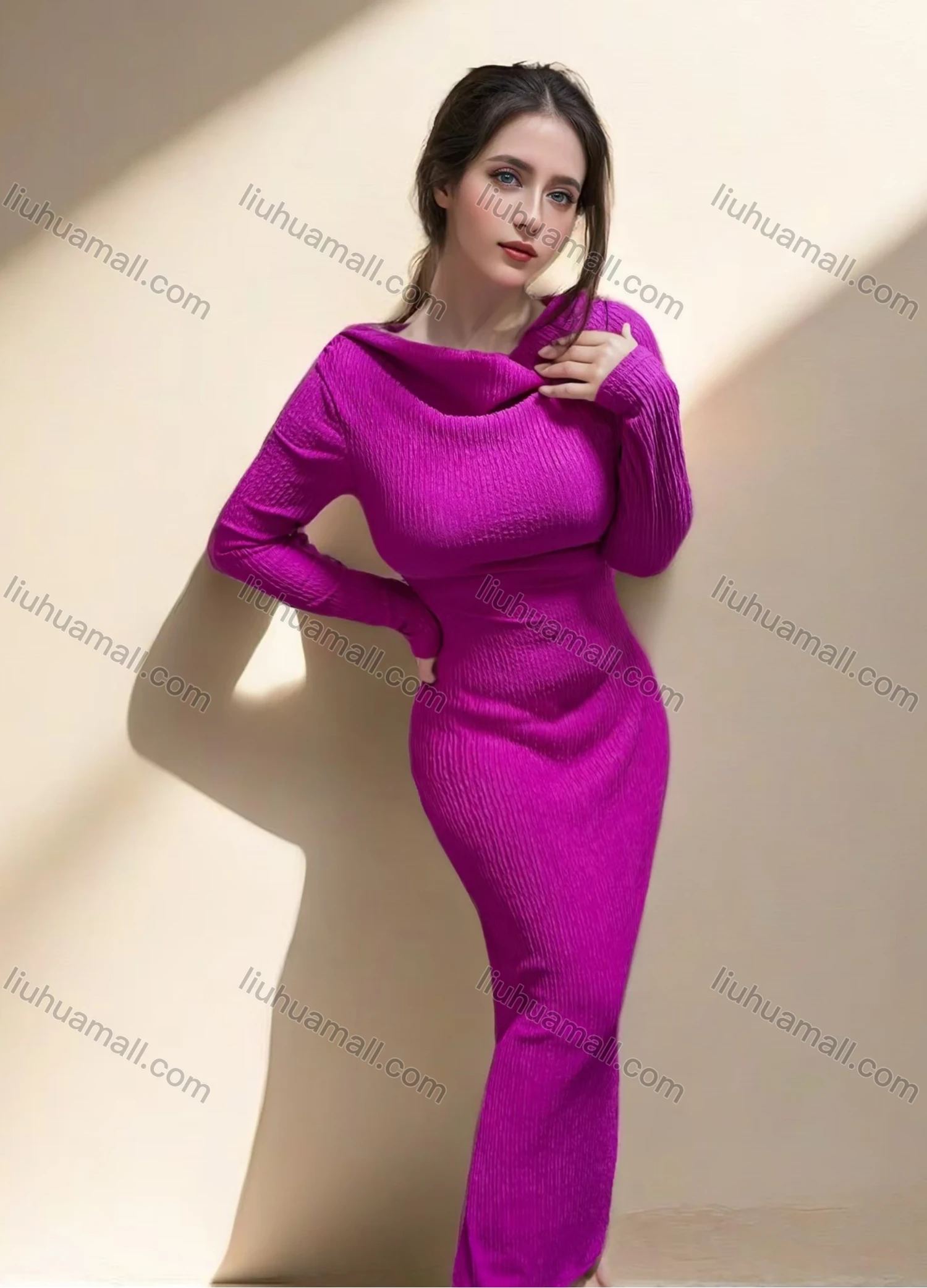 Wholesale Women's Cowl Neck Ribbed Long Sleeve Dress With Side Slit Elegant Casual Style 5009# - Liuhuamall