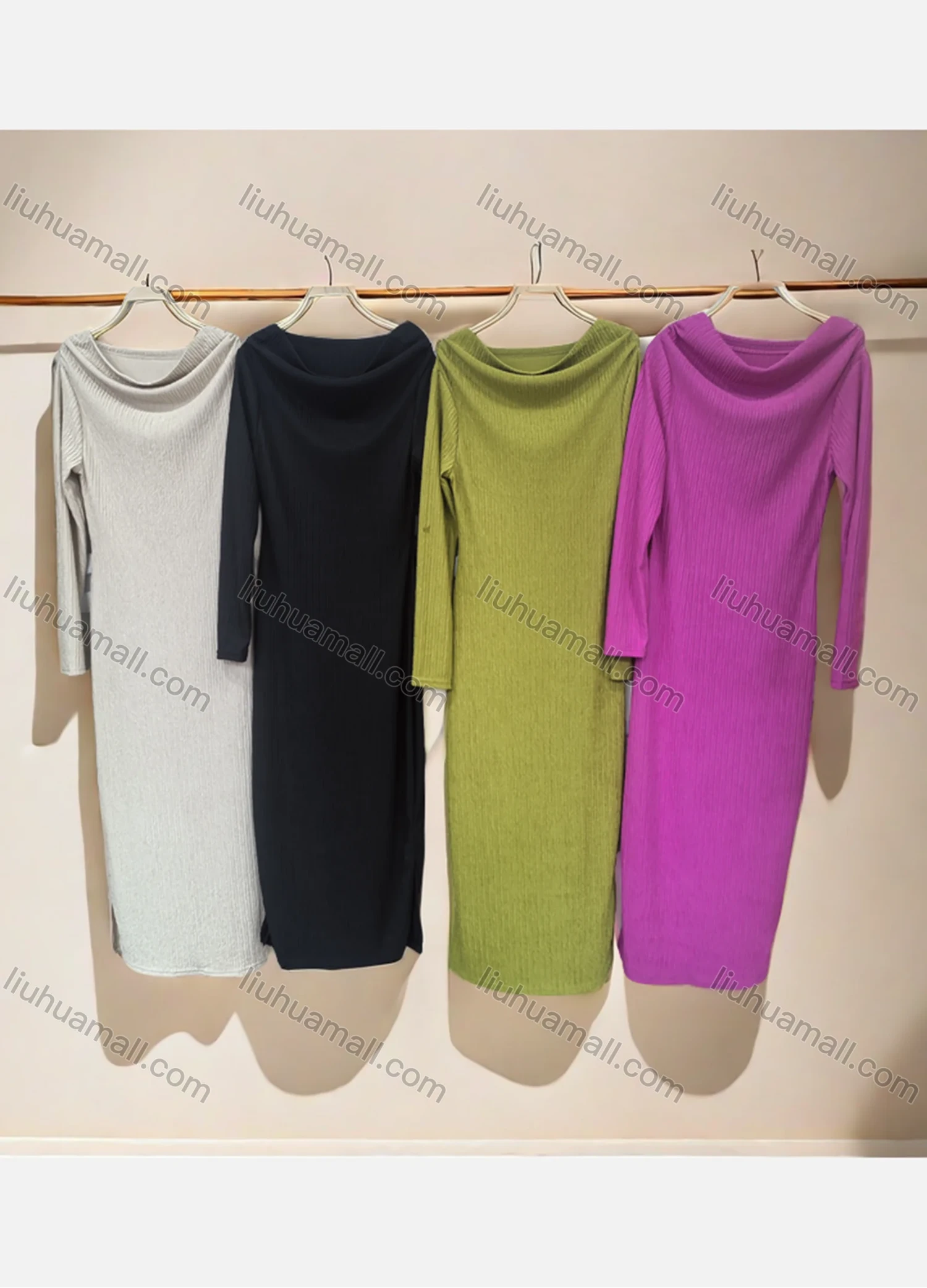 Wholesale Women's Cowl Neck Ribbed Long Sleeve Dress With Side Slit Elegant Casual Style 5009# - Liuhuamall