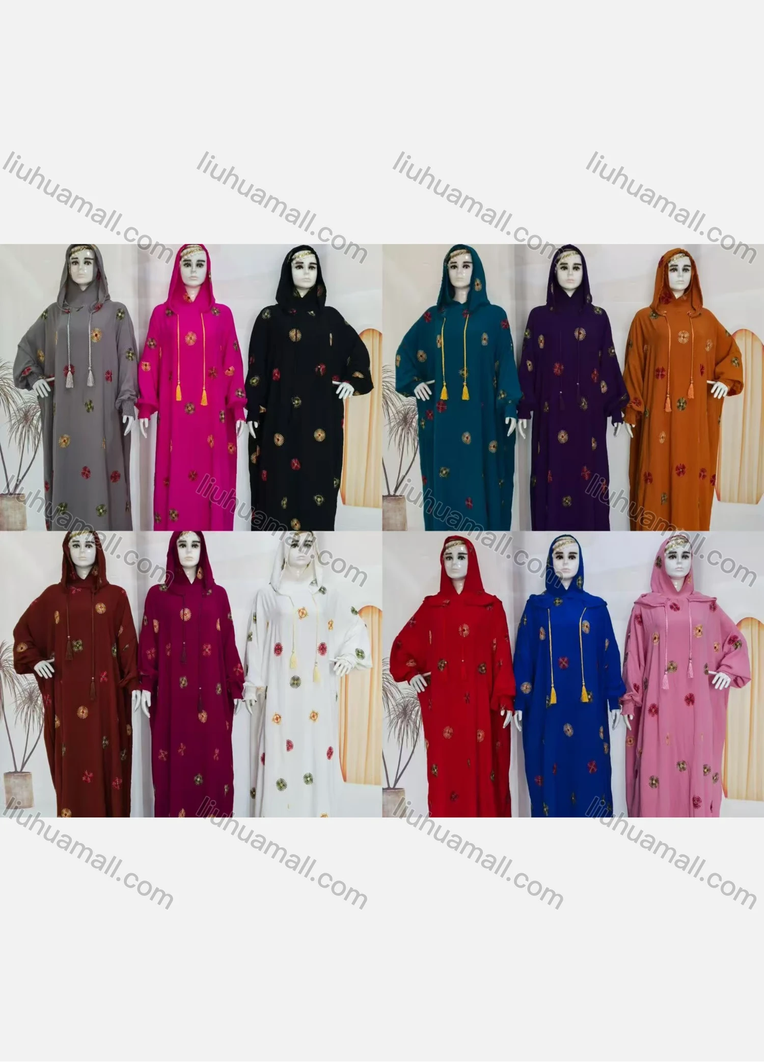 Wholesale Women's Embroidered Hooded Africa Kaftan Dress Colorful Oversized Style with Floral Patterns - Liuhuamall