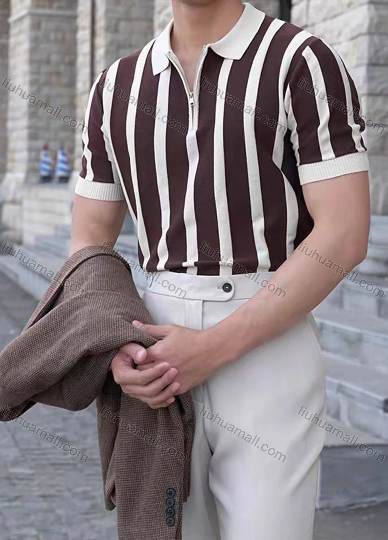 Wholesale Men's Modern Striped Polo Shirt Chic Design with Zipper and Contrast Colors 3612# - Liuhuamall