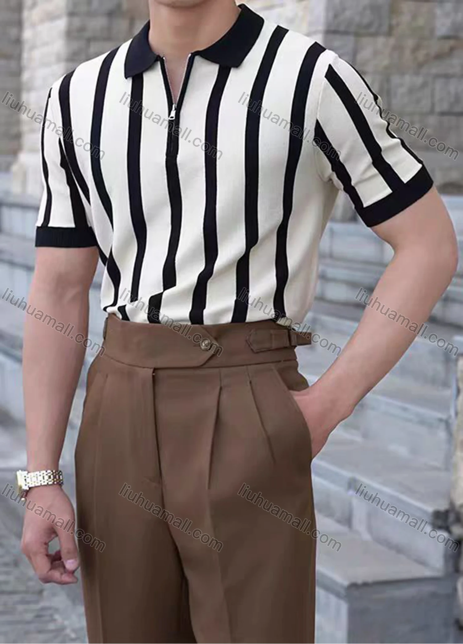 Wholesale Men's Modern Striped Polo Shirt Chic Design with Zipper and Contrast Colors 3612# - Liuhuamall