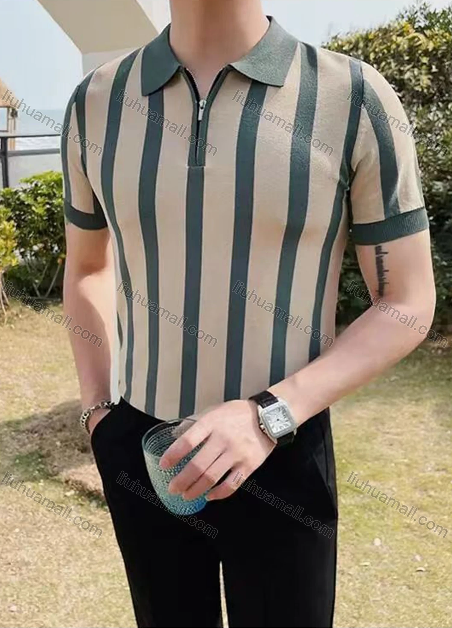 Wholesale Men's Modern Striped Polo Shirt Chic Design with Zipper and Contrast Colors 3612# - Liuhuamall