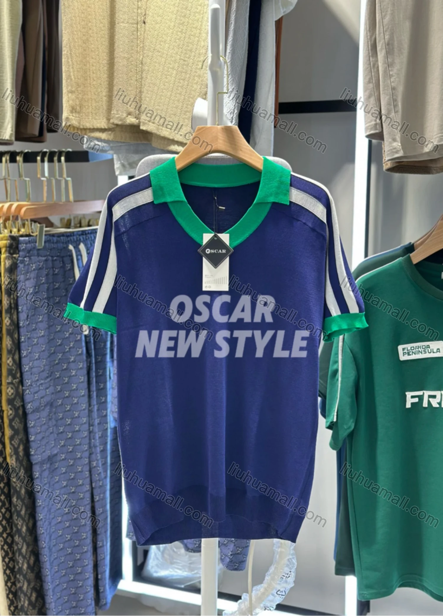 Wholesale Men's Casual Short Sleeve T-Shirt Sporty Design with Contrast Collar and Stripes 3627# - Liuhuamall