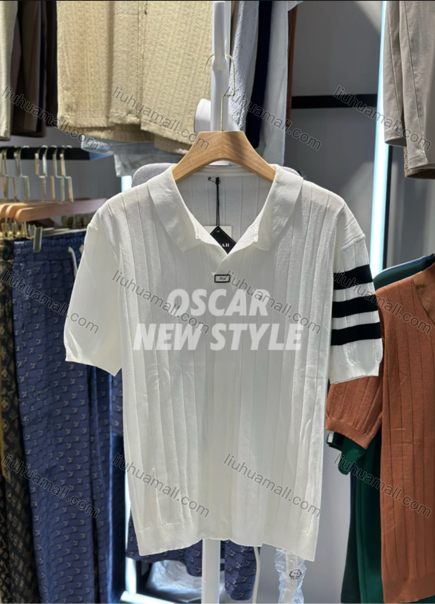 Wholesale Men's Ribbed Short Sleeve Polo Shirt Trendy Design with Contrast Stripes 6825# - Liuhuamall