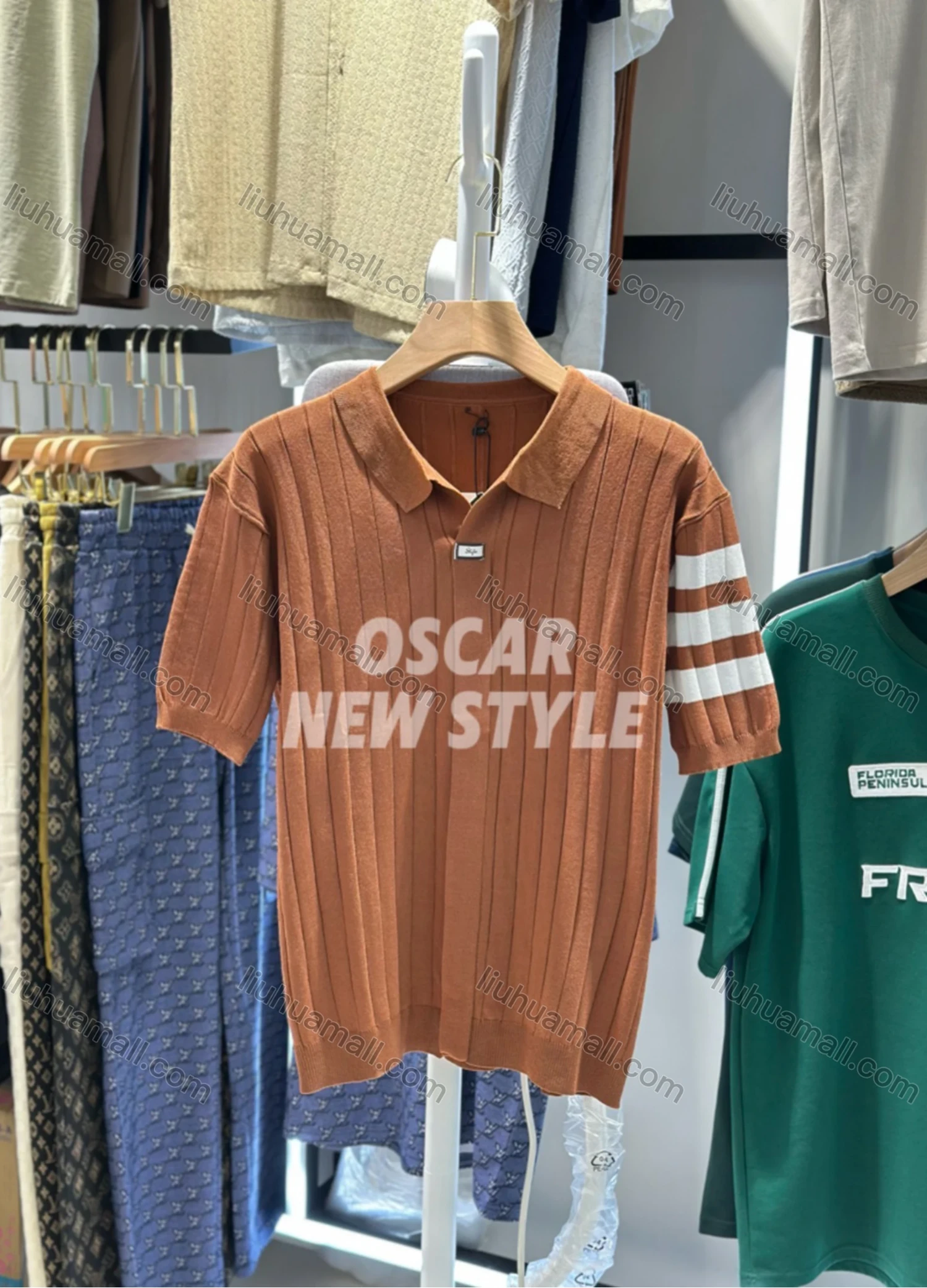 Wholesale Men's Ribbed Short Sleeve Polo Shirt Trendy Design with Contrast Stripes 6825# - Liuhuamall