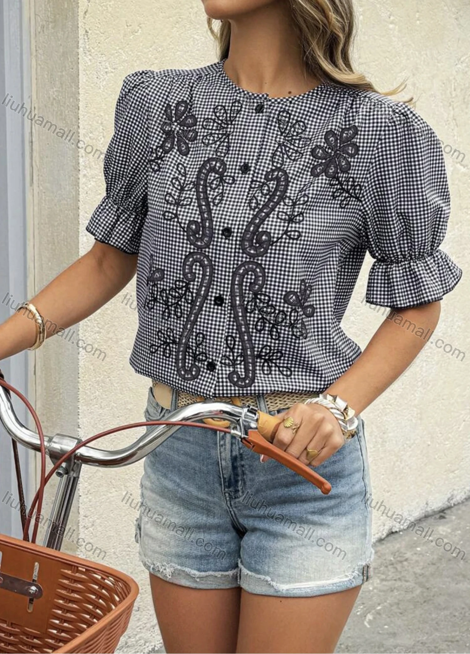 Wholesale Women's Trendy Gingham Puff Sleeve Blouse Stylish Design with Floral Embroidery and Button Closure - Liuhuamall