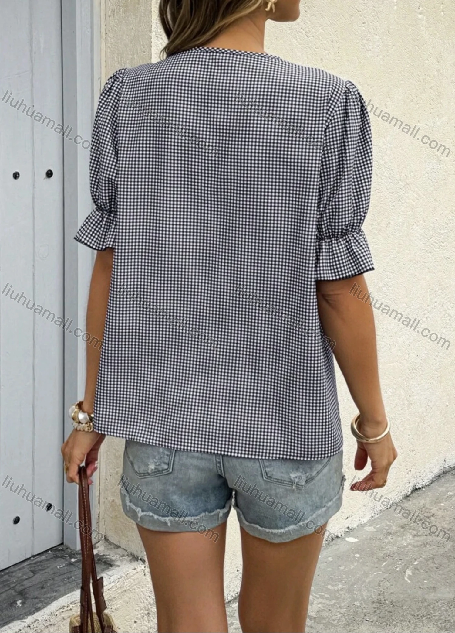 Wholesale Women's Trendy Gingham Puff Sleeve Blouse Stylish Design with Floral Embroidery and Button Closure - Liuhuamall