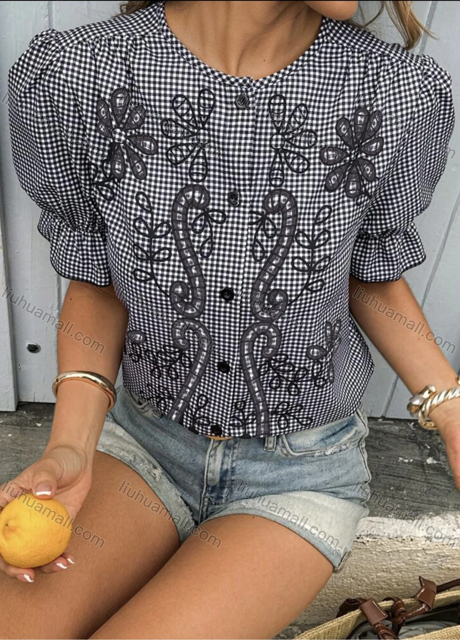 Wholesale Women's Trendy Gingham Puff Sleeve Blouse Stylish Design with Floral Embroidery and Button Closure - Liuhuamall