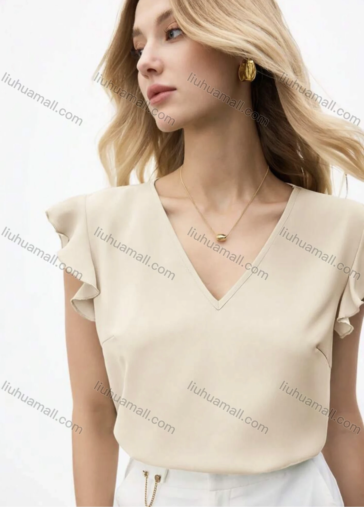 Wholesale Women's V-Neck Blouse Elegant Design with Ruffled Sleeve - Liuhuamall