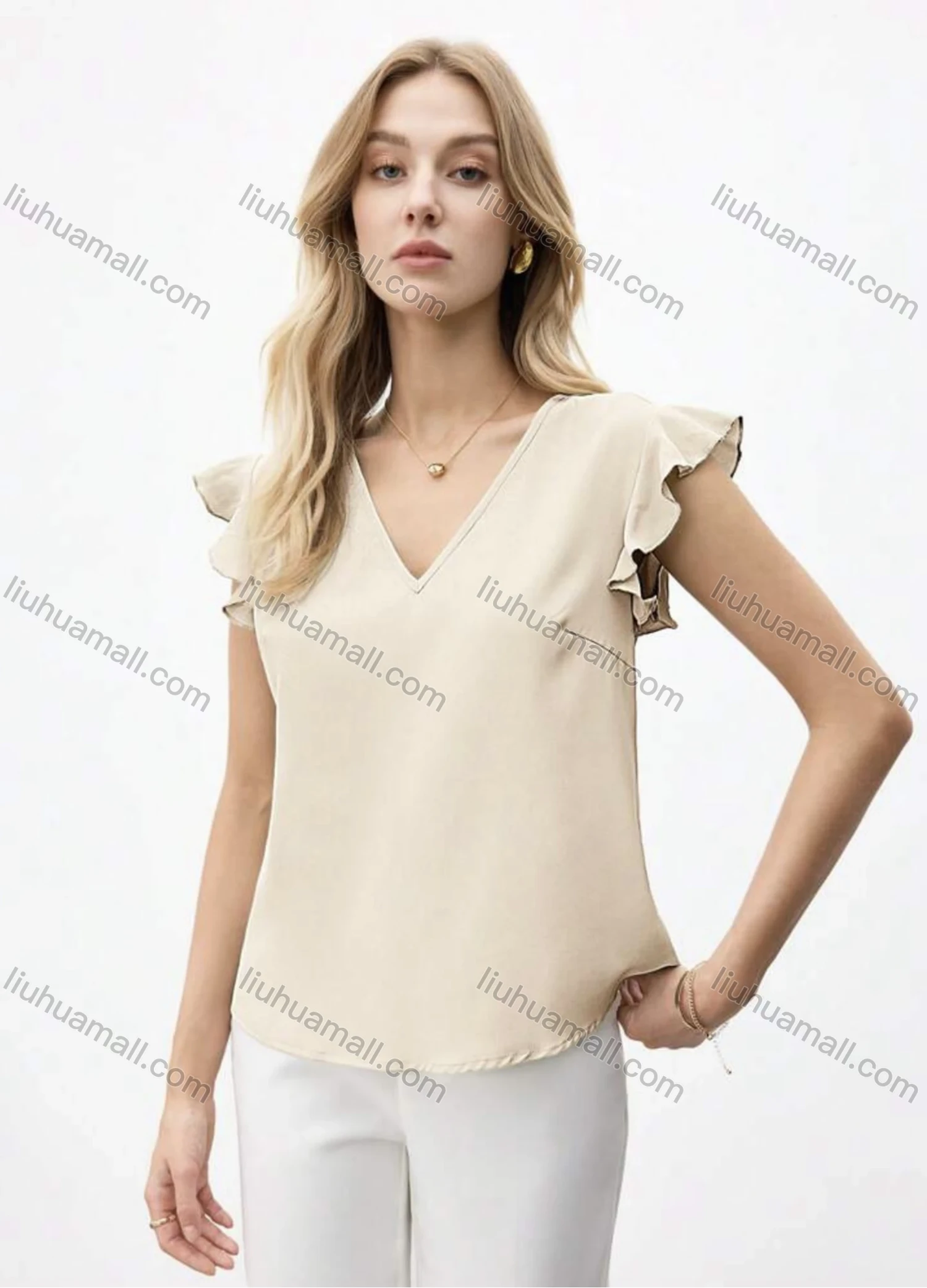 Wholesale Women's V-Neck Blouse Elegant Design with Ruffled Sleeve - Liuhuamall