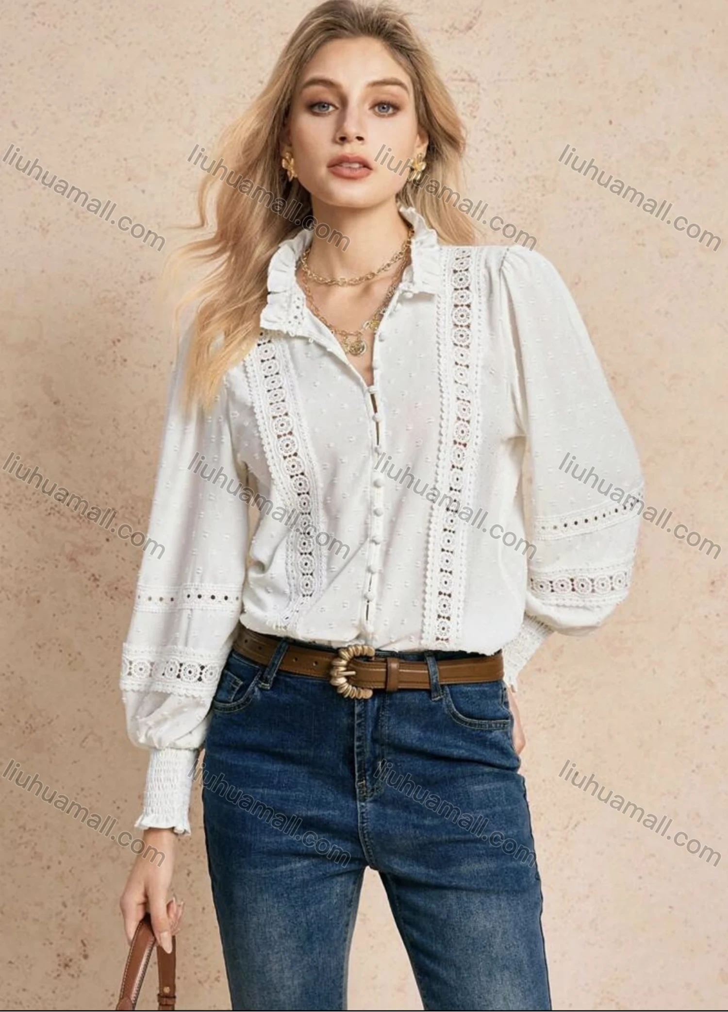 Wholesale Women's Ruffled Button Up Blouse with Puff Sleeves and Decorative Lace Details - Liuhuamall