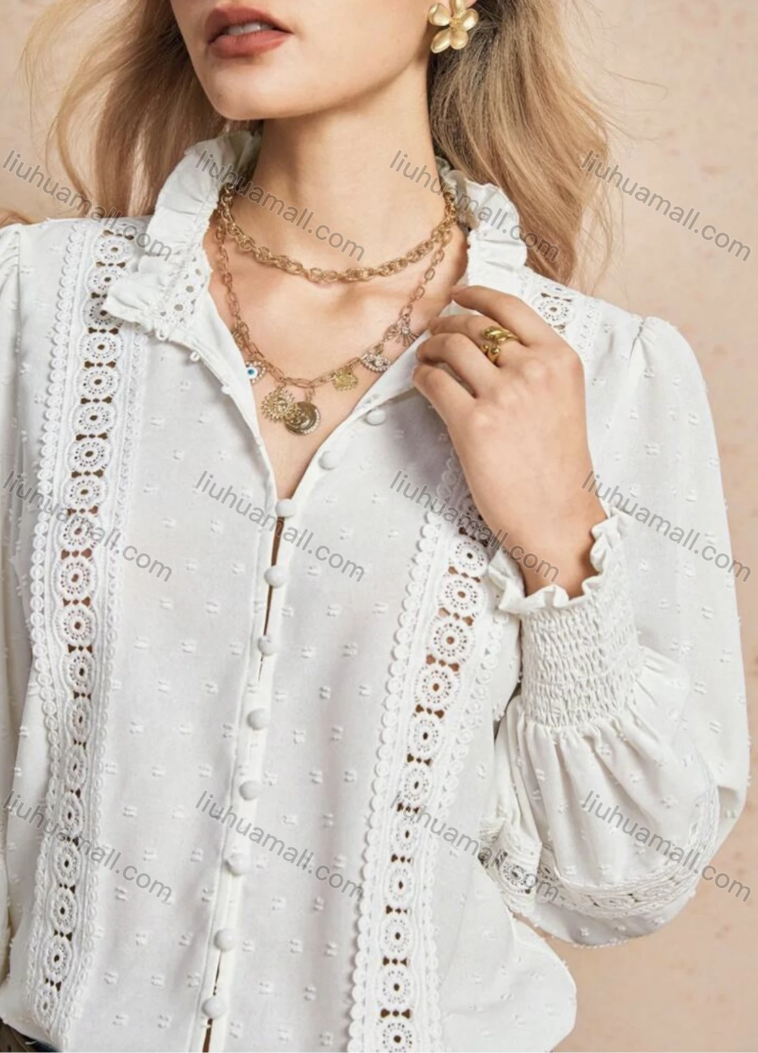 Wholesale Women's Ruffled Button Up Blouse with Puff Sleeves and Decorative Lace Details - Liuhuamall
