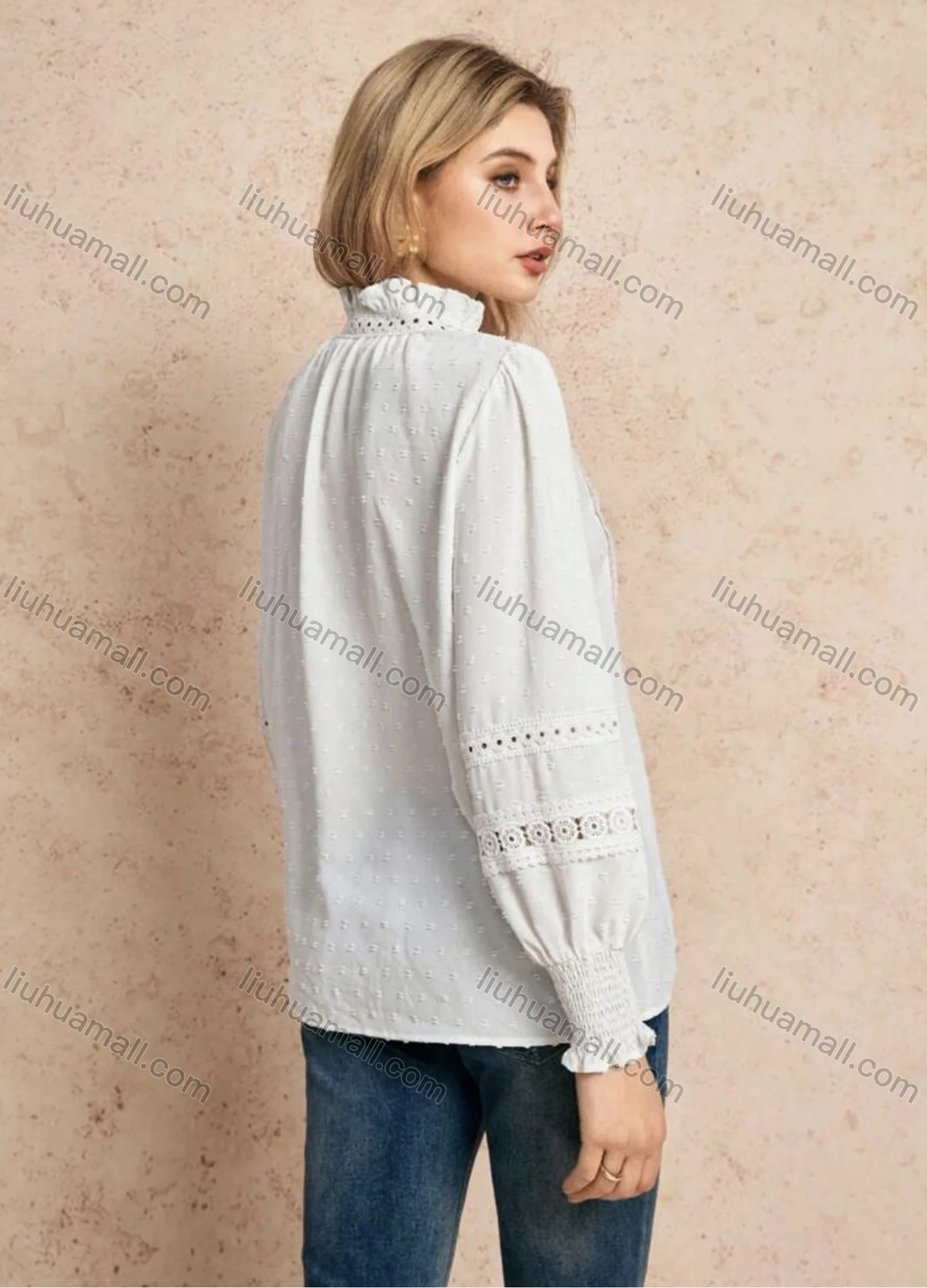 Wholesale Women's Ruffled Button Up Blouse with Puff Sleeves and Decorative Lace Details - Liuhuamall