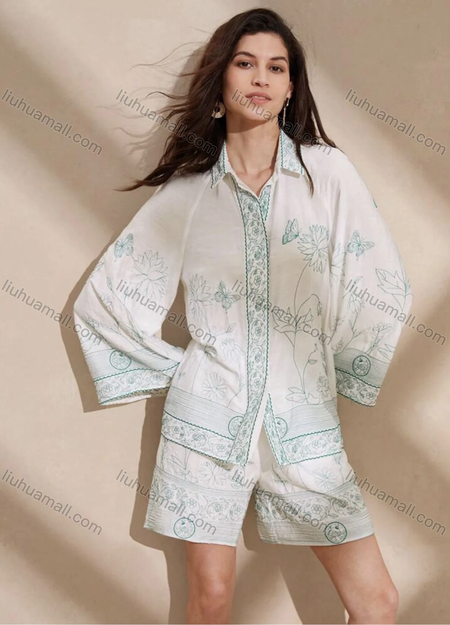 Wholesale Women's Button Up Floral Embroidered Blouse with Trumpet Sleeve - Liuhuamall