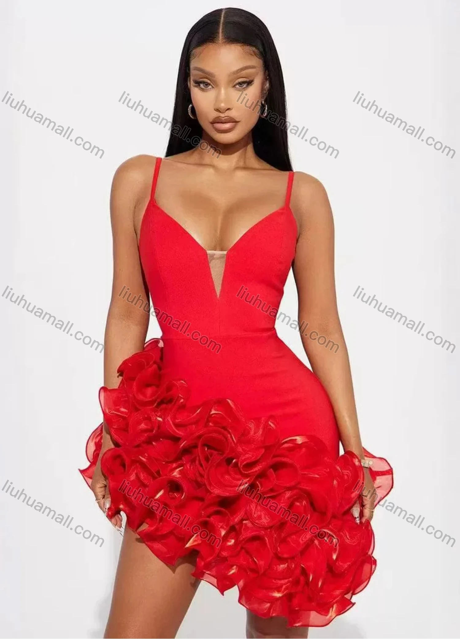 Wholesale Women's Mini Cocktail Dress with Spaghetti Straps and Ruffled Hem - Liuhuamall