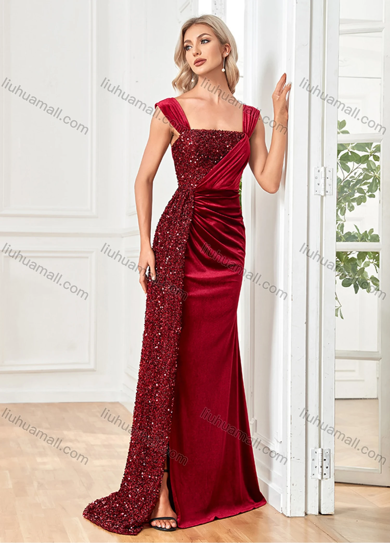 Wholesale Women's Floor Length Evening Gown with Sequin Detail and Draped Design - Liuhuamall
