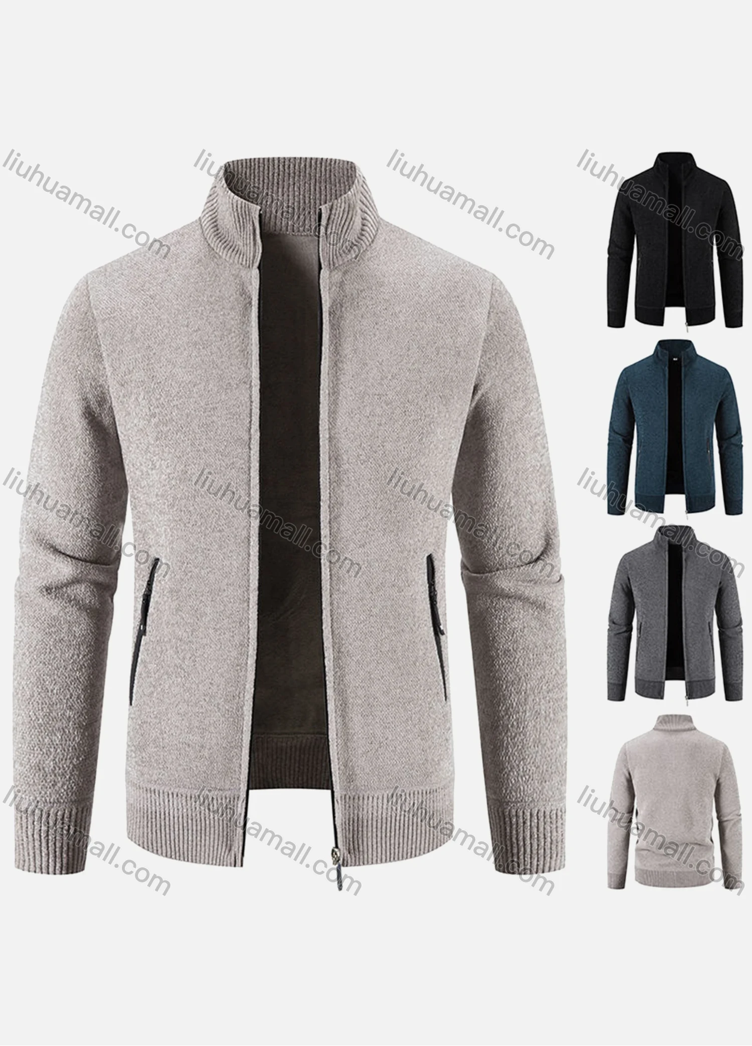 Wholesale Men's Zip-Up Plain Stand Collar Fleece Jacket with Zipper Pockets - Liuhuamall