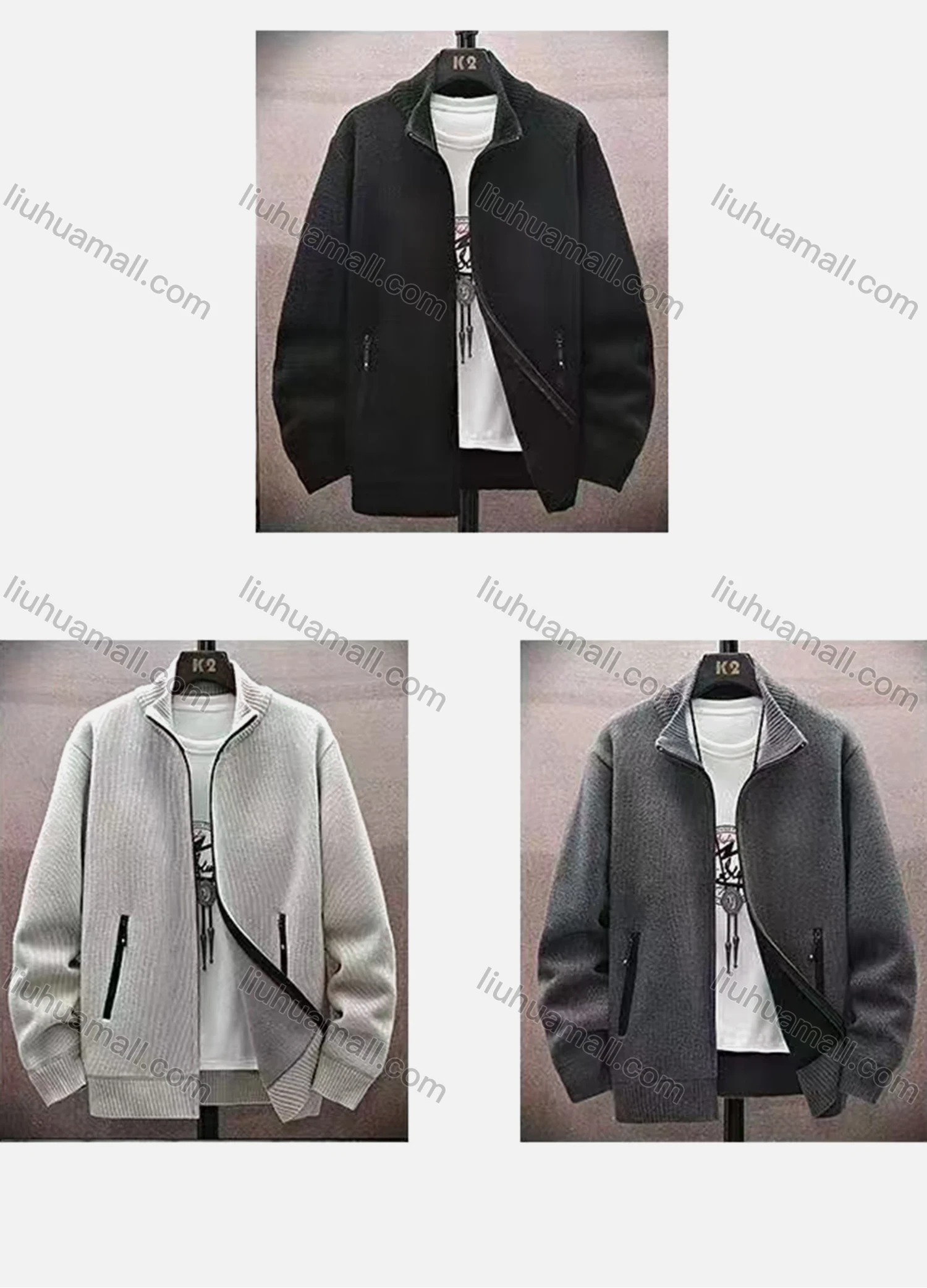 Wholesale Men's Zip-Up Plain Stand Collar Fleece Jacket with Zipper Pockets - Liuhuamall