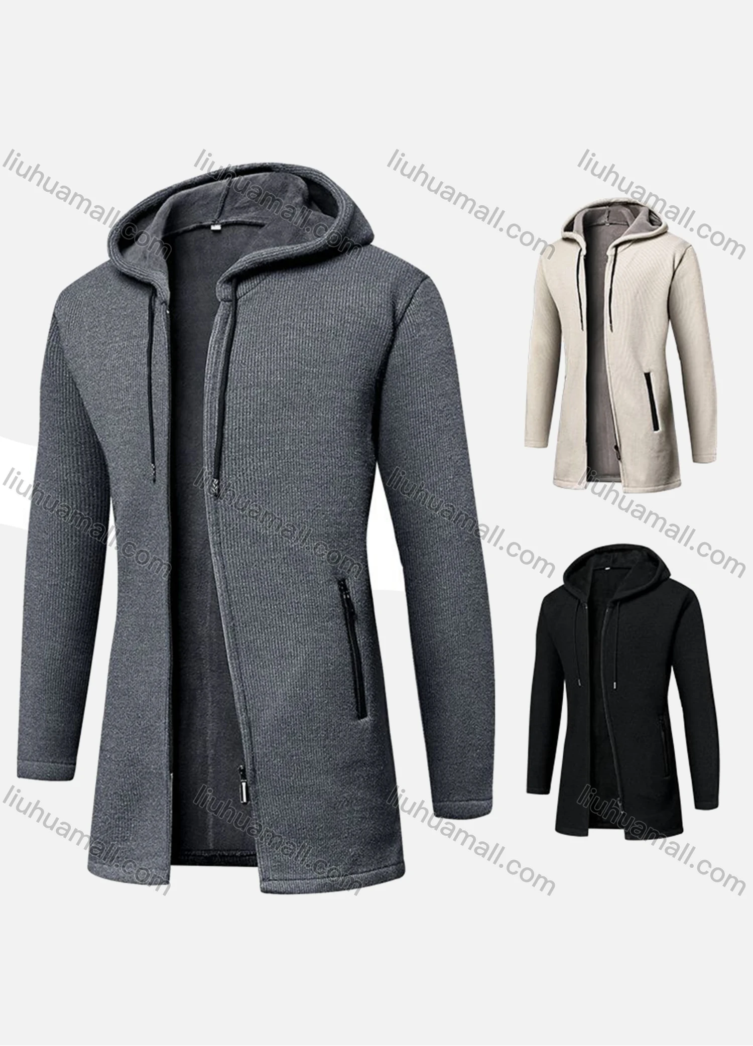 Wholesale Men's Zip-Up Thermal Mid Length Plain Hooded Fleece Jacket With Zipper Pockets - Liuhuamall