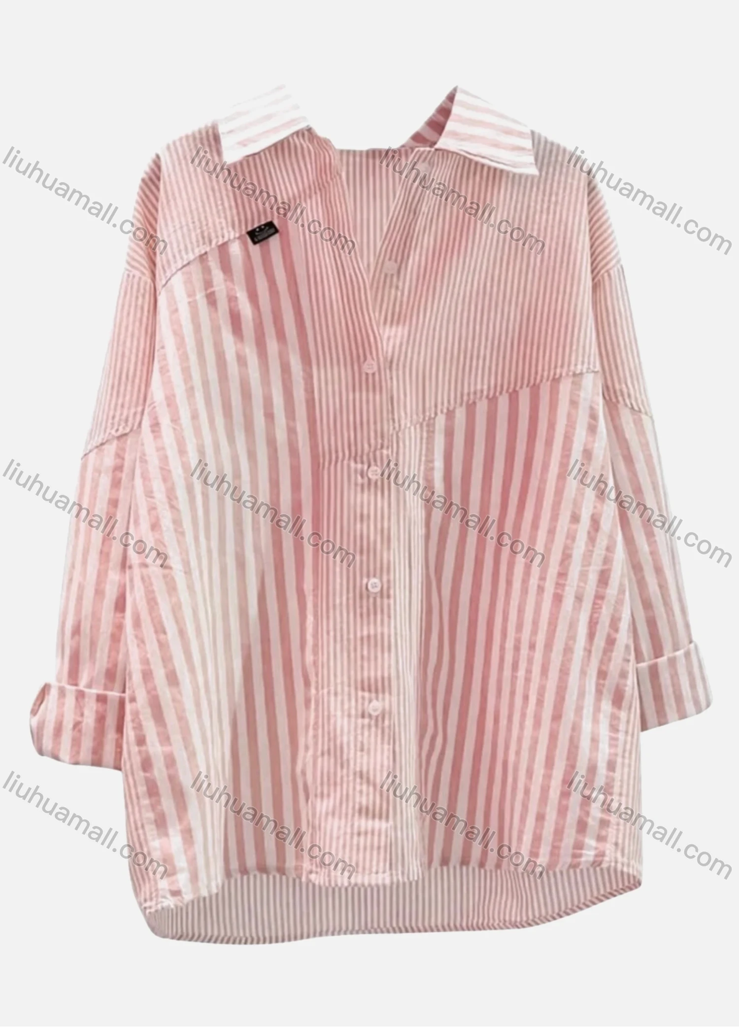 Wholesale Women's Striped Splicing Button-Up Oversized Fit Shirt - Liuhuamall