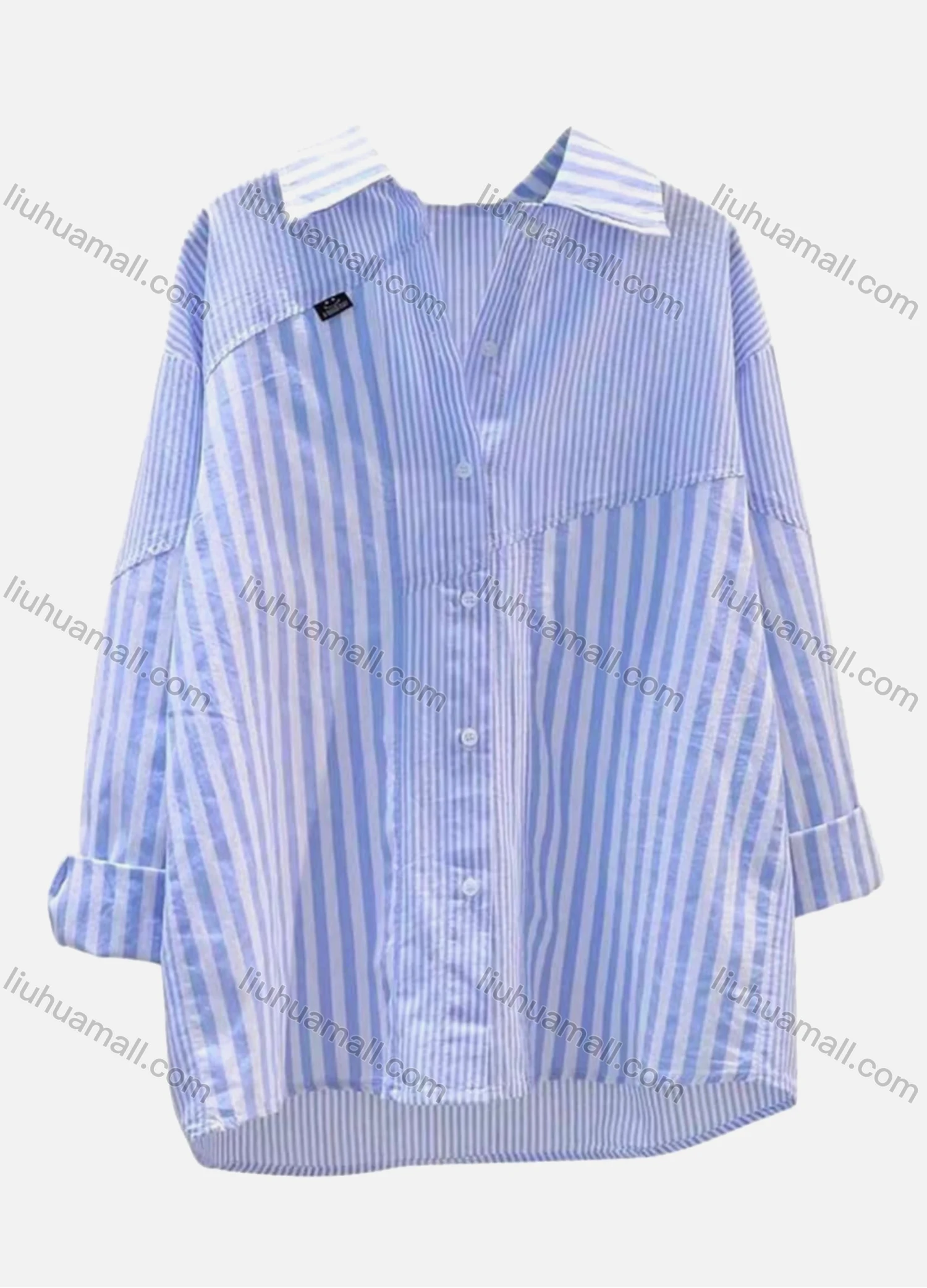 Wholesale Women's Striped Splicing Button-Up Oversized Fit Shirt - Liuhuamall