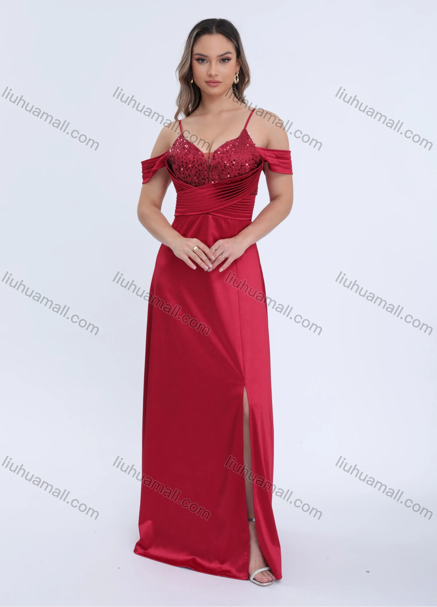 Wholesale Women's Evening Gown with Off-Shoulder Straps and Sequin Detail - Liuhuamall