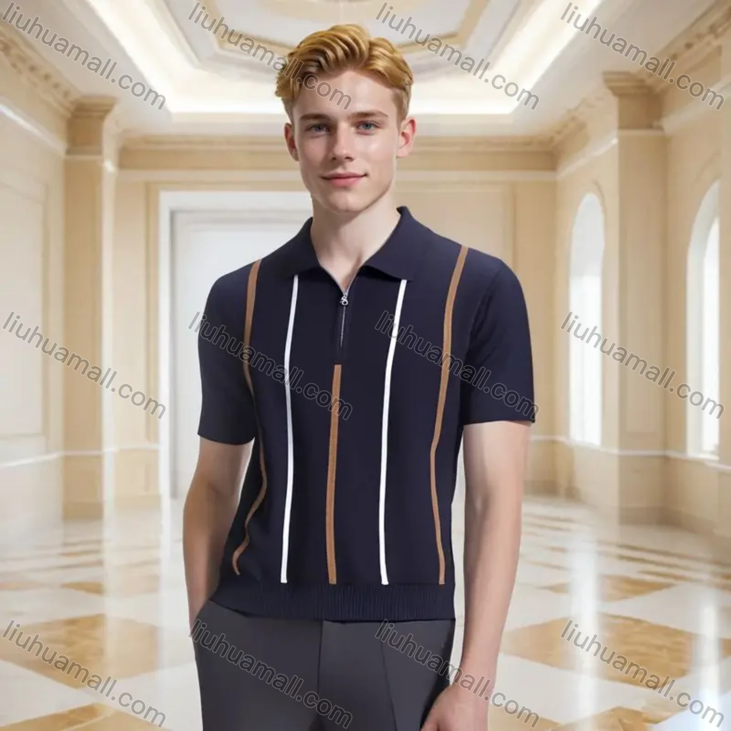 Wholesale Oscar Factory Temperament Men's Knitted Striped Polo Shirt, comfortable and breathable, zipper design - Liuhuamall