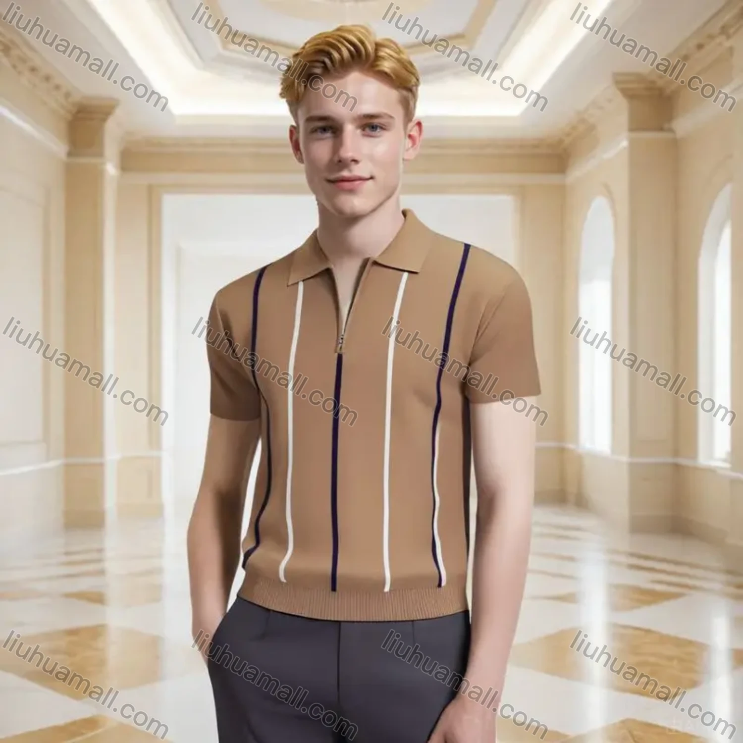 Wholesale Oscar Factory Temperament Men's Knitted Striped Polo Shirt, comfortable and breathable, zipper design - Liuhuamall