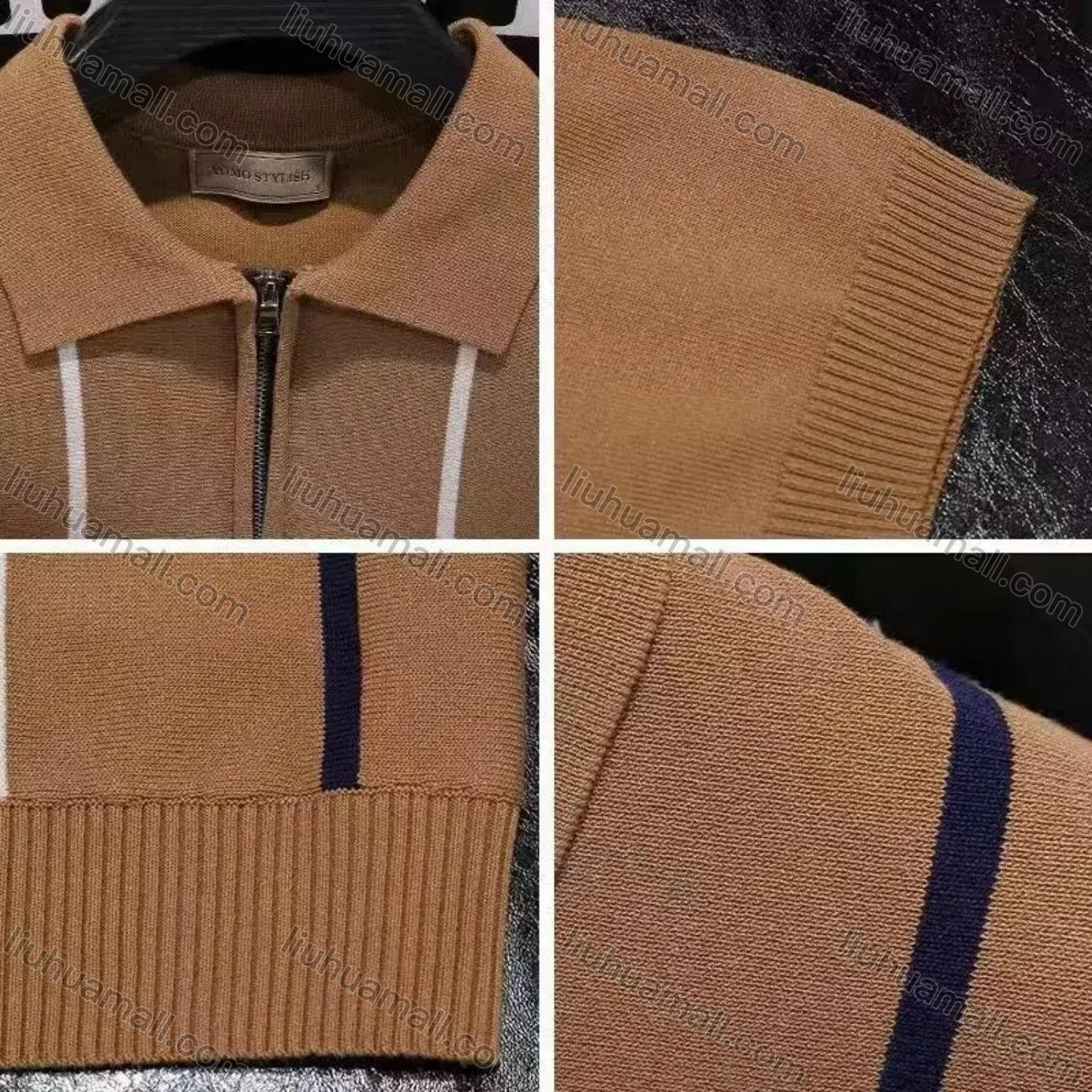 Wholesale Oscar Factory Temperament Men's Knitted Striped Polo Shirt, comfortable and breathable, zipper design - Liuhuamall