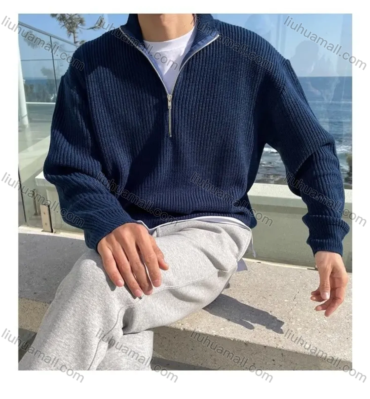 Wholesale Oscar factory casual men's knitted sweater with comfortable soft fabric and zippered stand-up collar - Liuhuamall