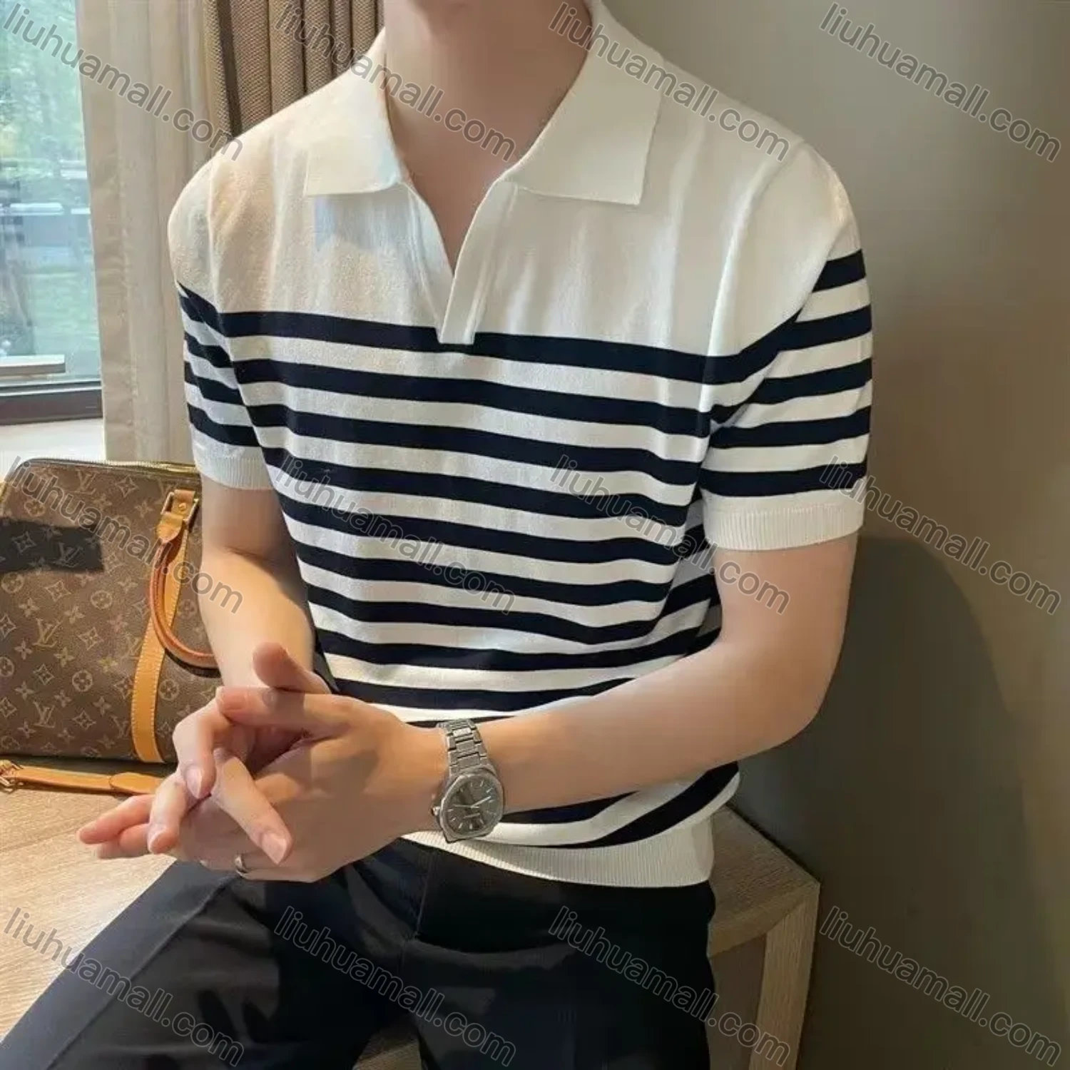 Wholesale oscar factory casual men's knitted V-neck polo sweater with comfortable soft fabric and striped top - Liuhuamall