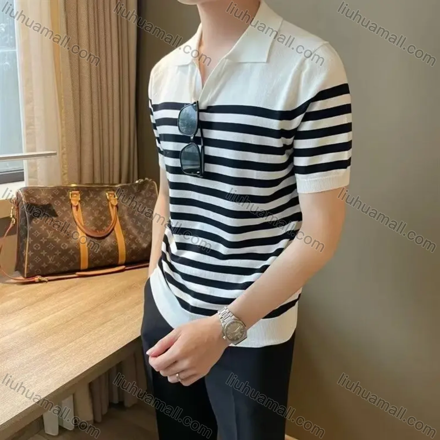 Wholesale oscar factory casual men's knitted V-neck polo sweater with comfortable soft fabric and striped top - Liuhuamall
