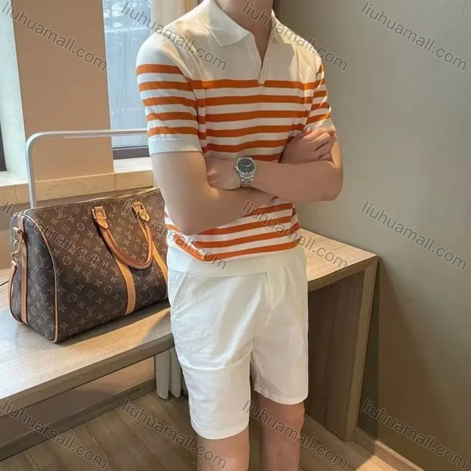 Wholesale oscar factory casual men's knitted V-neck polo sweater with comfortable soft fabric and striped top - Liuhuamall