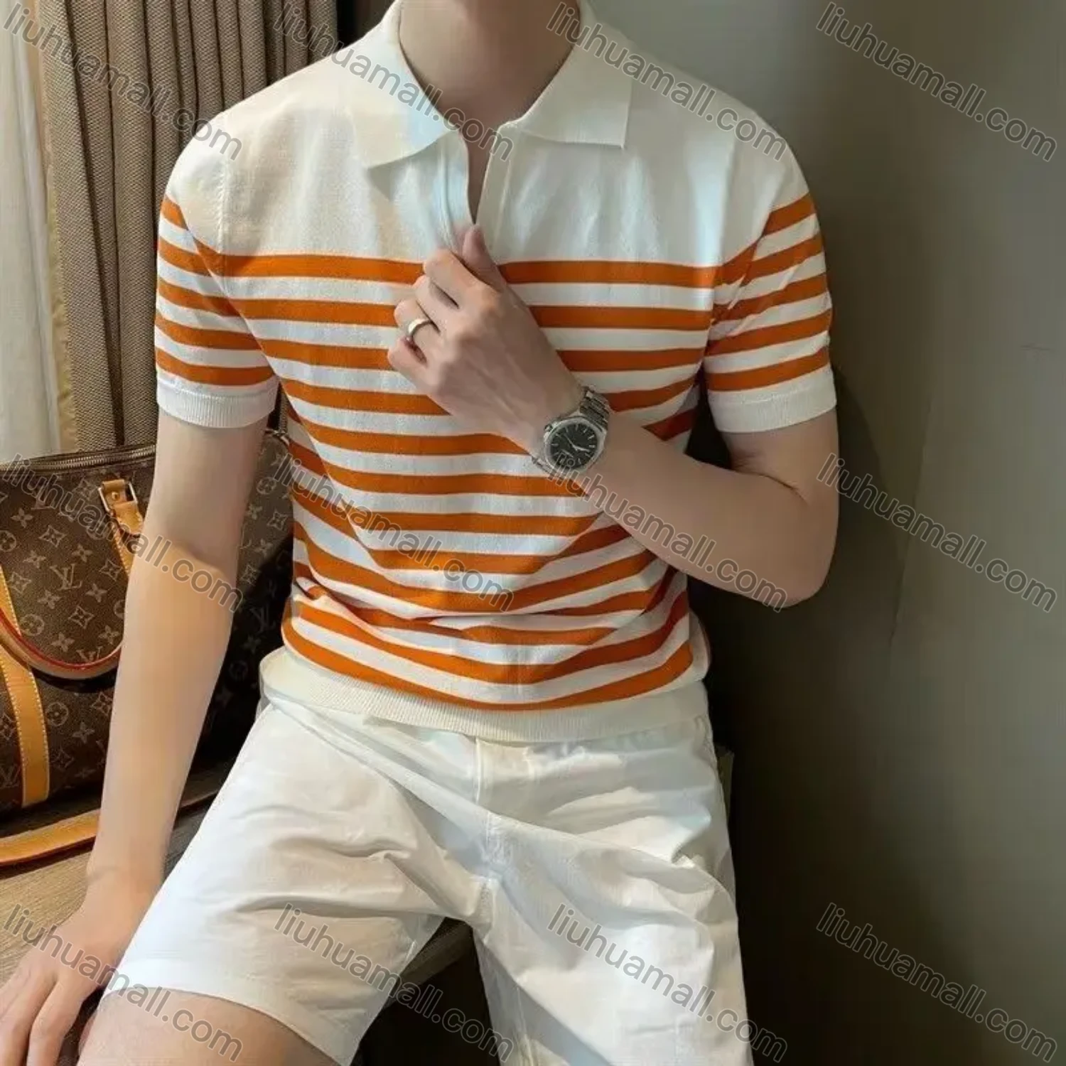 Wholesale oscar factory casual men's knitted V-neck polo sweater with comfortable soft fabric and striped top - Liuhuamall