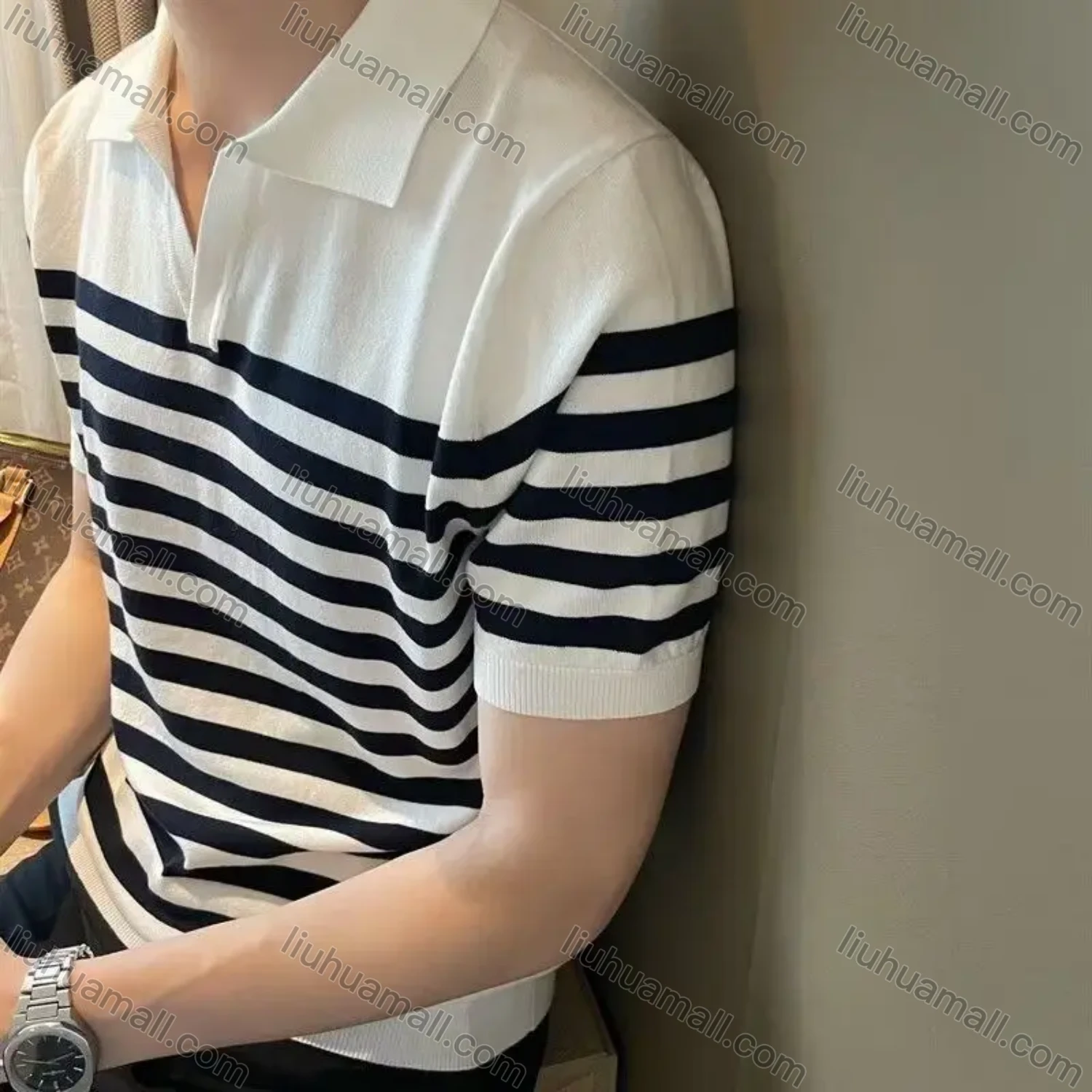 Wholesale oscar factory casual men's knitted V-neck polo sweater with comfortable soft fabric and striped top - Liuhuamall