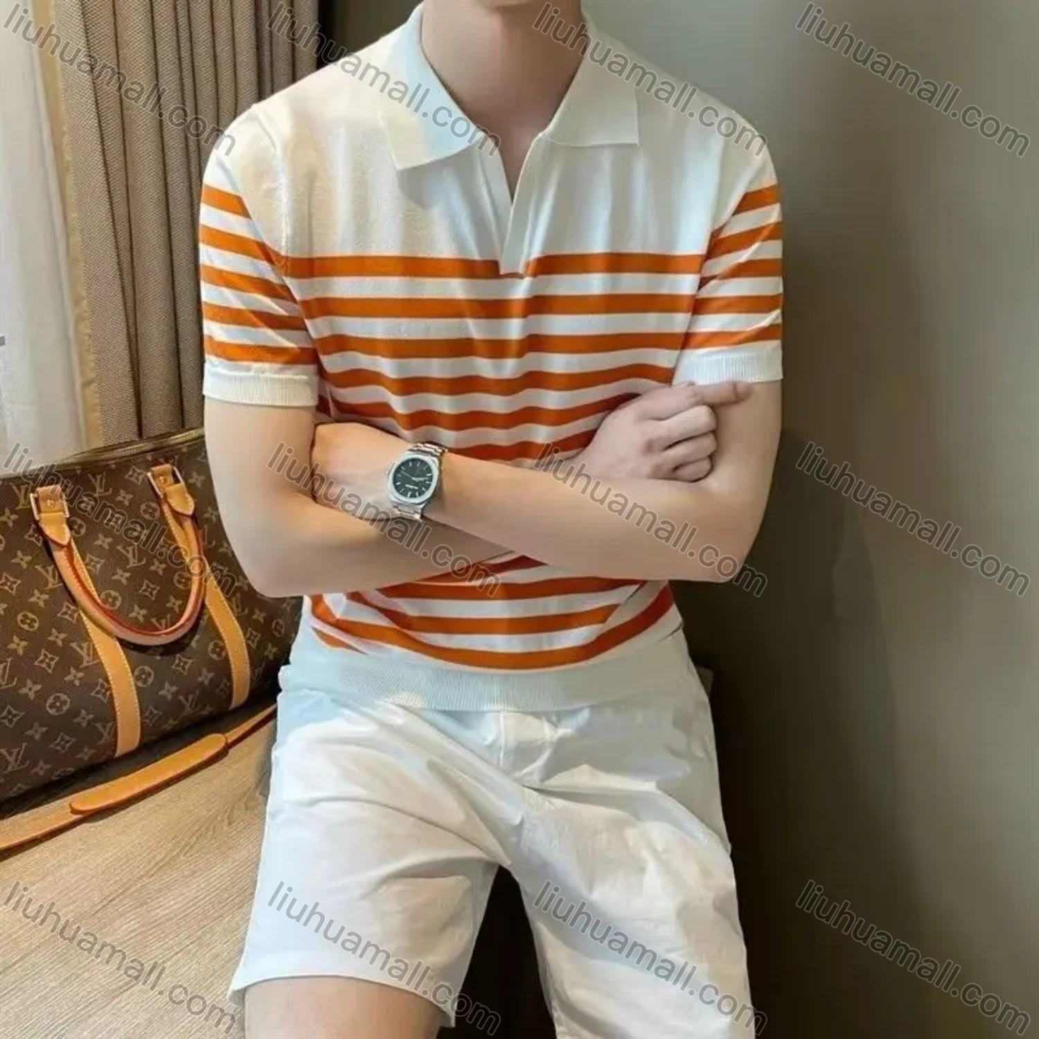 Wholesale oscar factory casual men's knitted V-neck polo sweater with comfortable soft fabric and striped top - Liuhuamall
