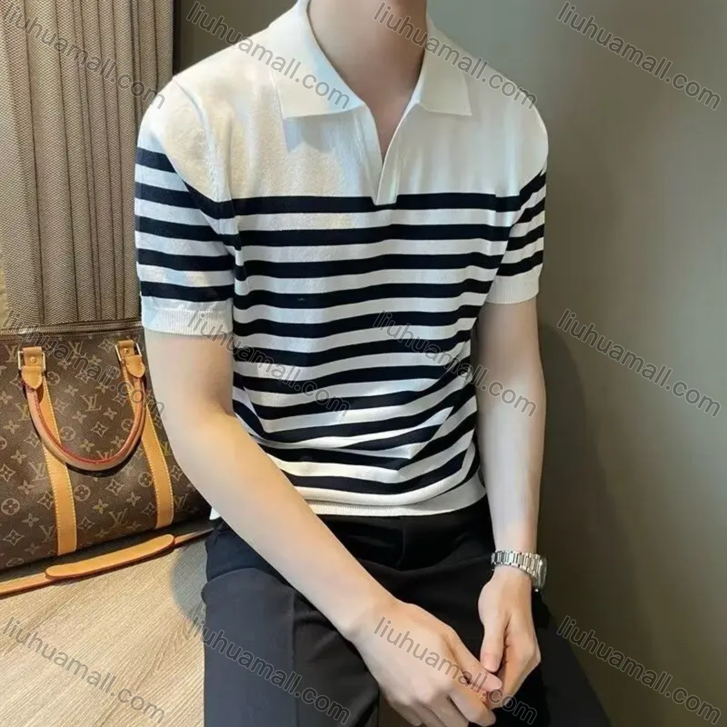 Wholesale oscar factory casual men's knitted V-neck polo sweater with comfortable soft fabric and striped top - Liuhuamall