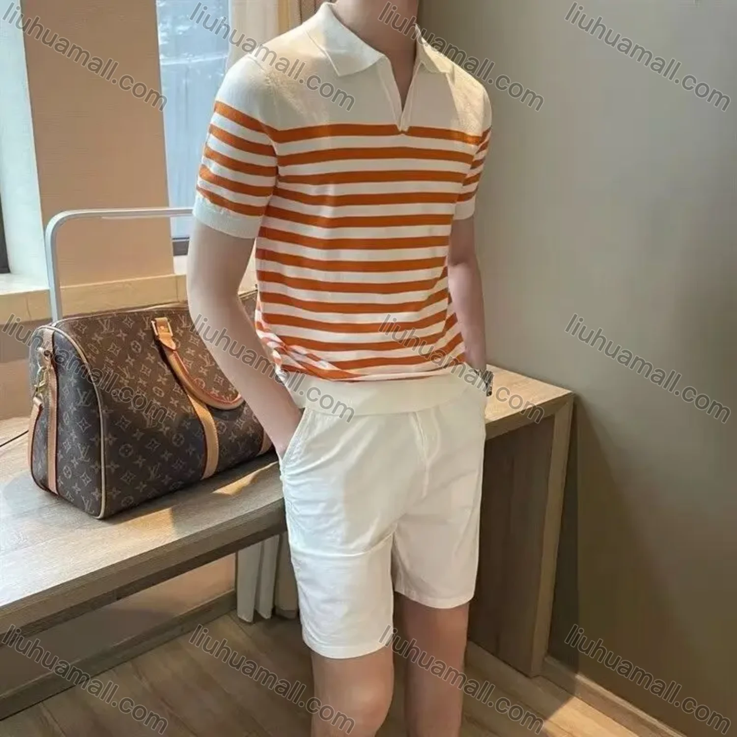 Wholesale oscar factory casual men's knitted V-neck polo sweater with comfortable soft fabric and striped top - Liuhuamall