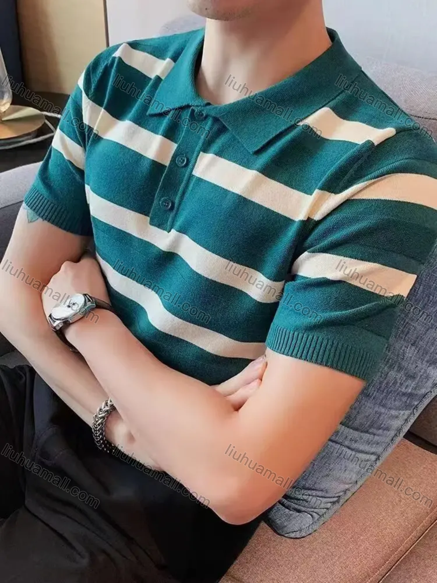 Wholesale Oscar factory casual men's knitted polo sweater, comfortable soft fabric, striped top, a must-choose for men - Liuhuamall