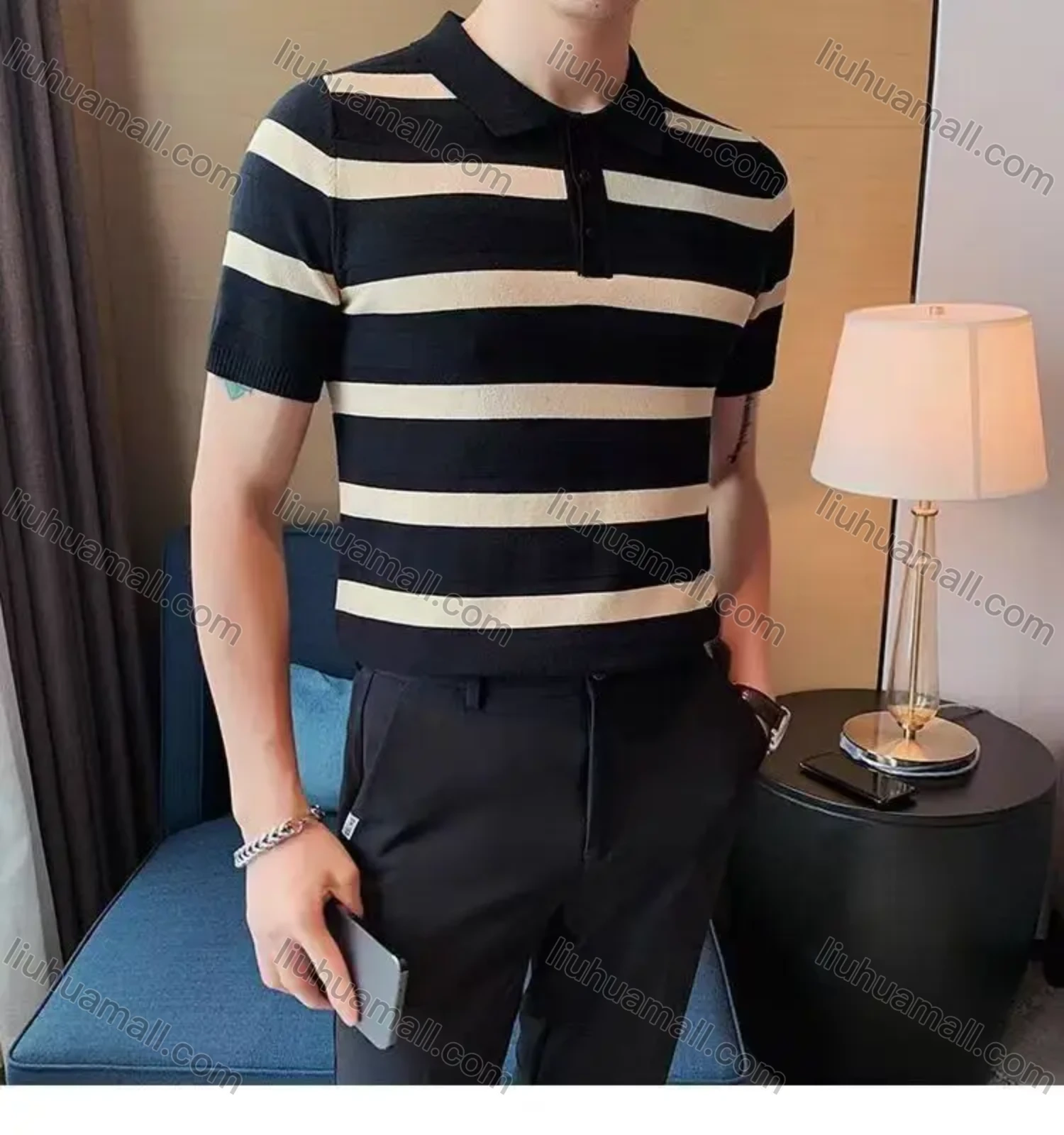 Wholesale Oscar factory casual men's knitted polo sweater, comfortable soft fabric, striped top, a must-choose for men - Liuhuamall