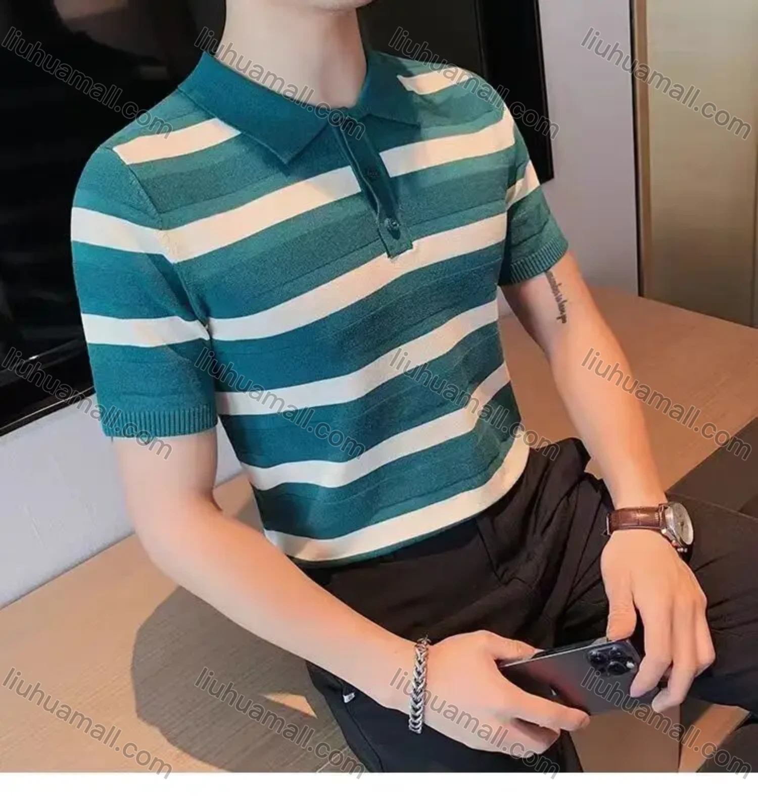 Wholesale Oscar factory casual men's knitted polo sweater, comfortable soft fabric, striped top, a must-choose for men - Liuhuamall